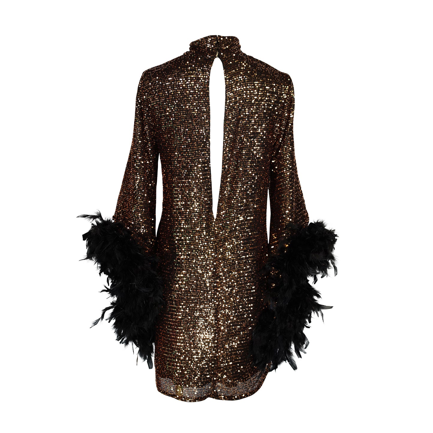 This shimmering copper flash mod mini dress has it all - glittering sequins, delicate mock neck, and long bell sleeves cuffed with black feathers. Retro 60s glam