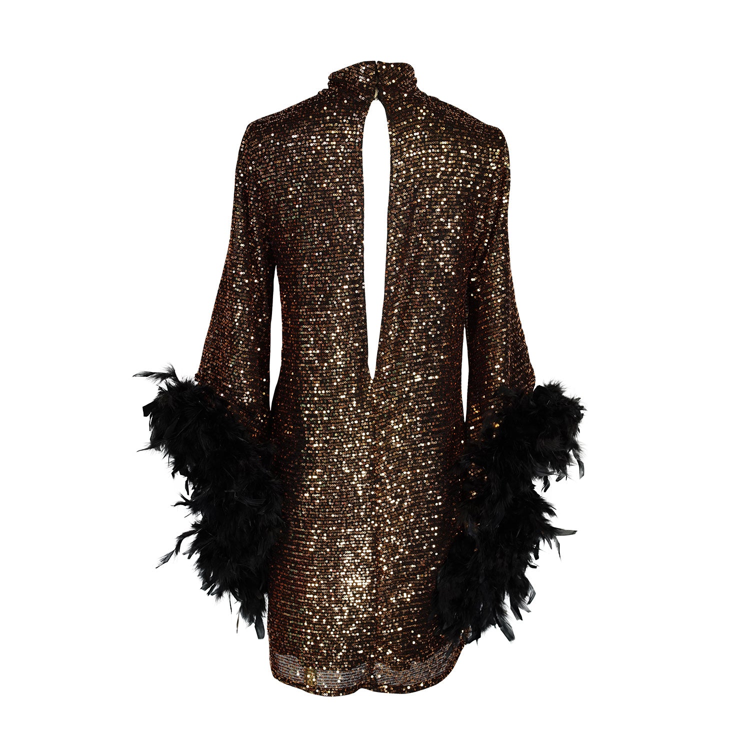 This shimmering copper flash mod mini dress has it all - glittering sequins, delicate mock neck, and long bell sleeves cuffed with black feathers. Retro 60s glam