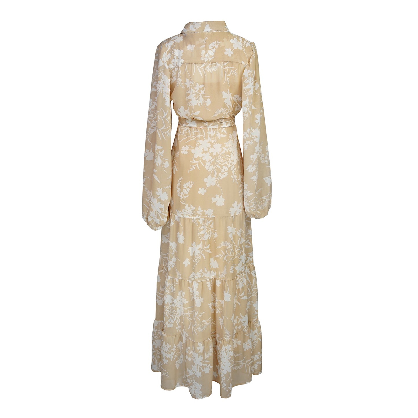 This floating chiffon maxi dress is sophisticated yet effortless with its high collar, button-up design paired with bishop sleeves, tiered skirt, and a slim matching sash.