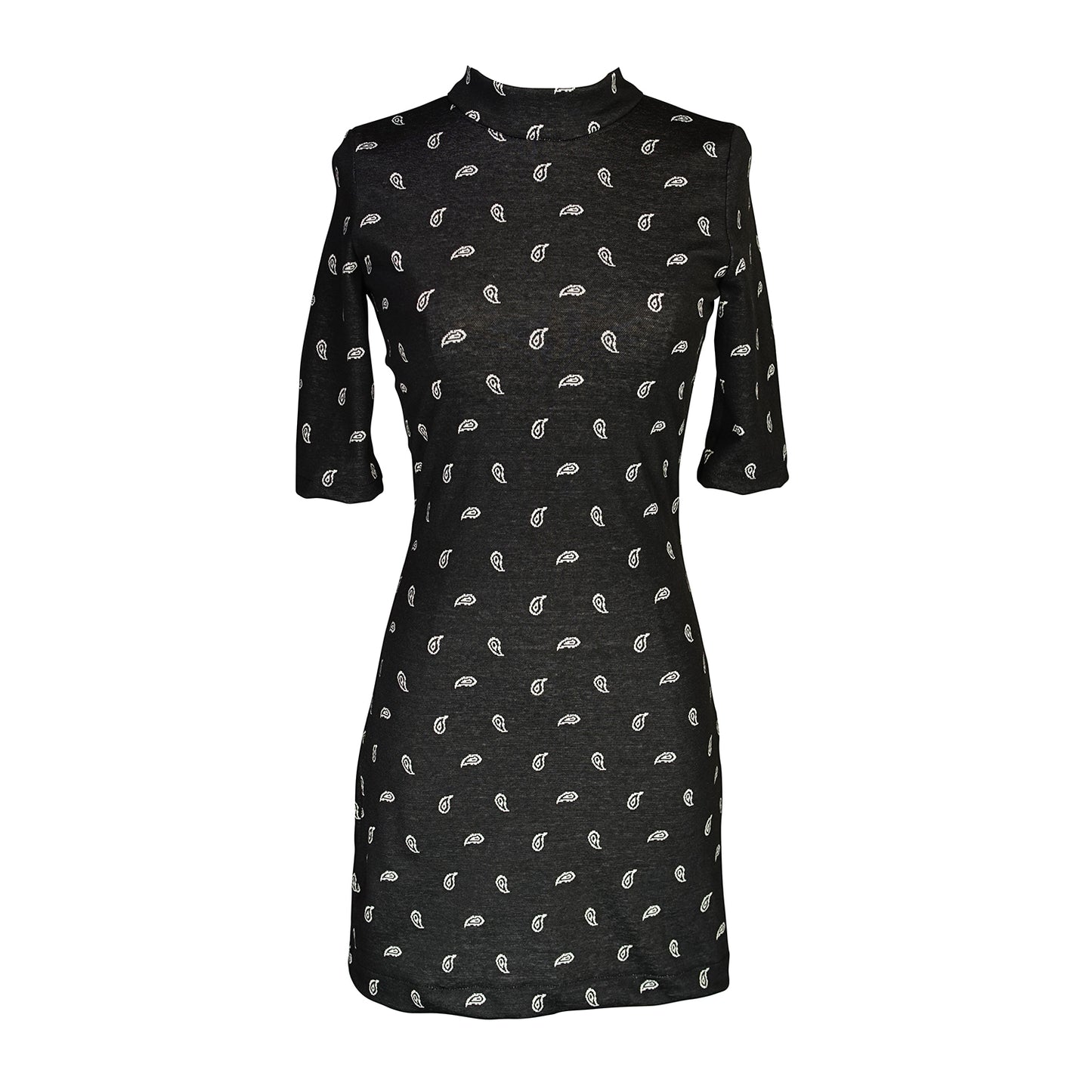 This Jennafer Grace mini dress features a black and white paisley print, elbow length short sleeves, a mock neck, and invisible zipper in back.