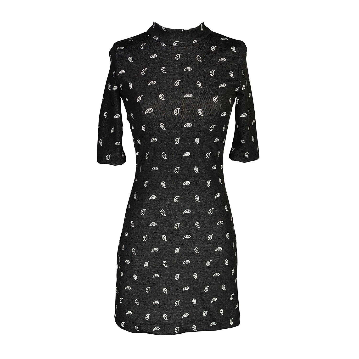 This Jennafer Grace mini dress features a black and white paisley print, elbow length short sleeves, a mock neck, and invisible zipper in back.