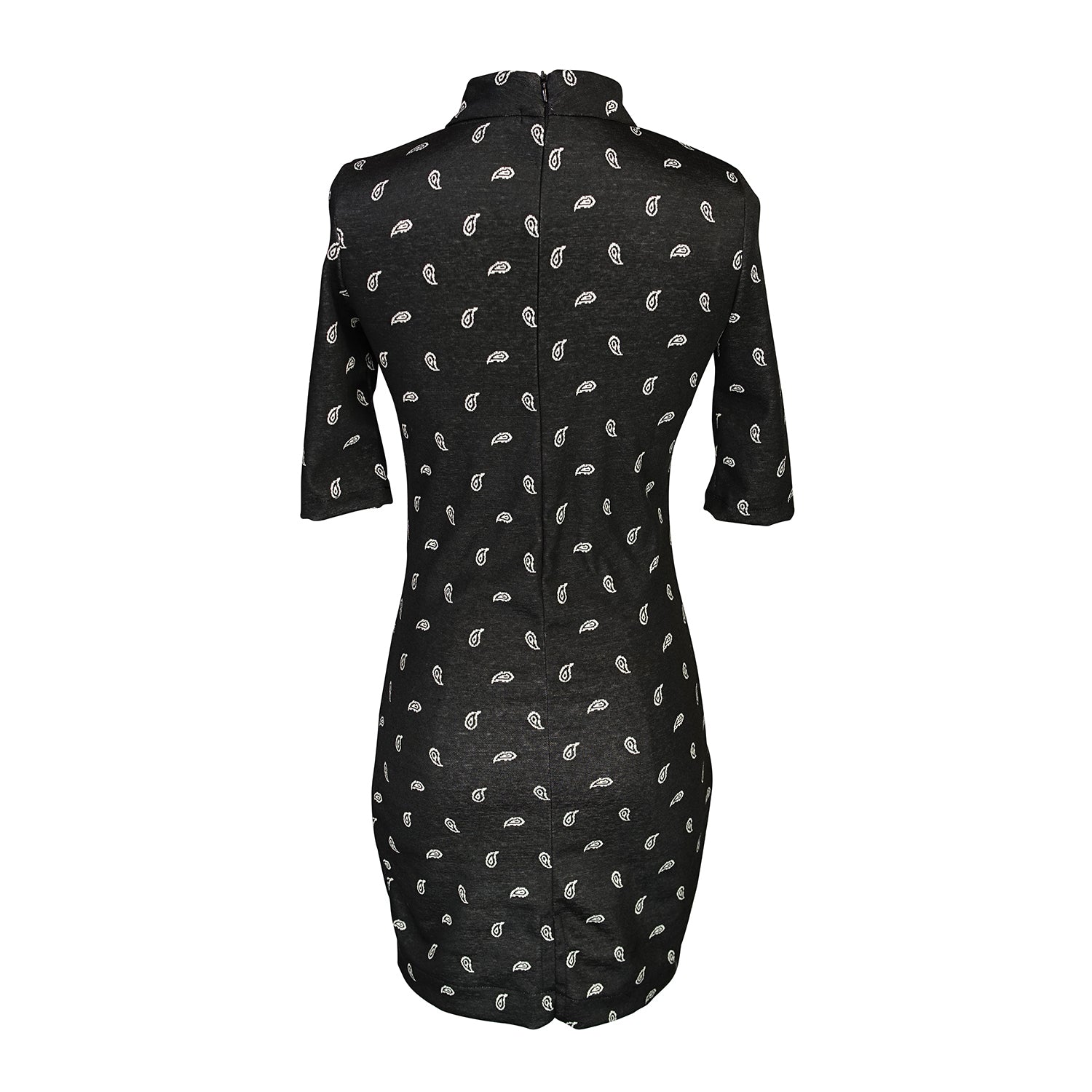 This Jennafer Grace mini dress features a black and white paisley print, elbow length short sleeves, a mock neck, and invisible zipper in back.