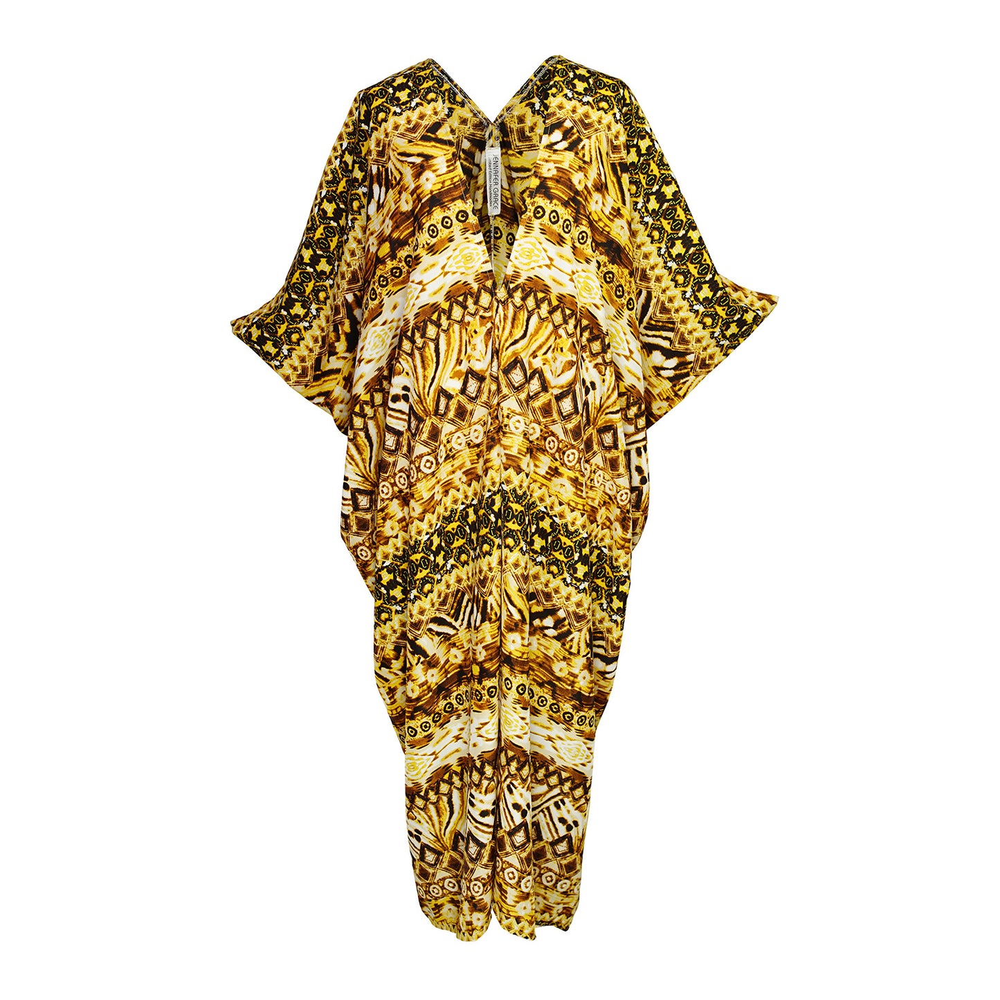 This retro tiki inspired caftan has bold colors and intricate patterns