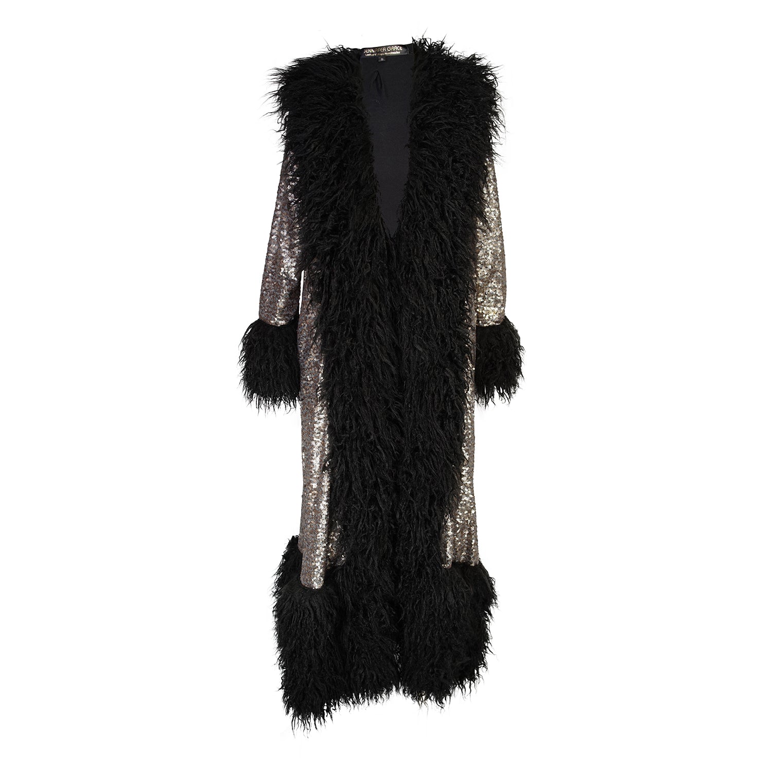 Gunmetal sequins cover this special fur trimmed jacket.