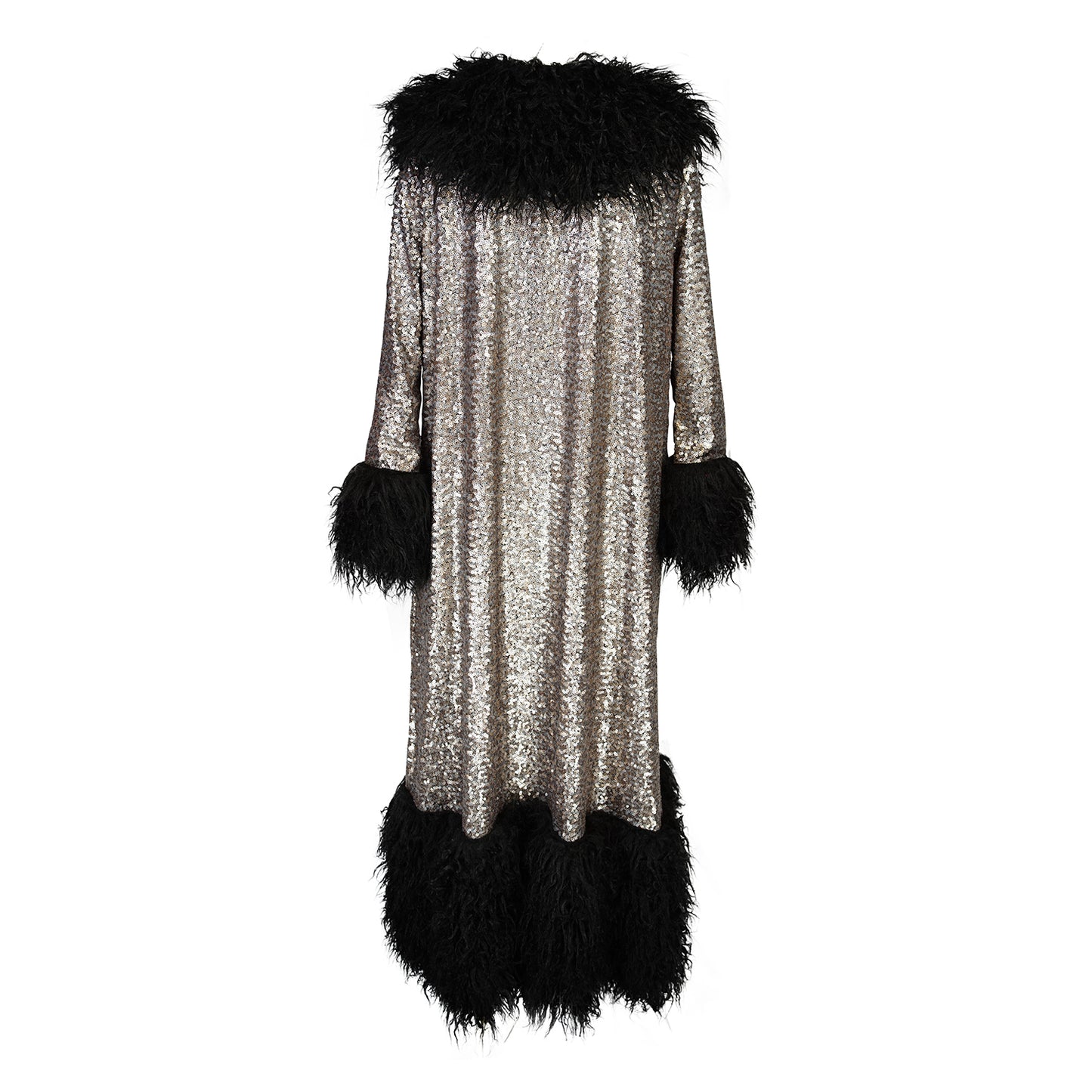 Gunmetal sequins cover this special fur trimmed jacket.
