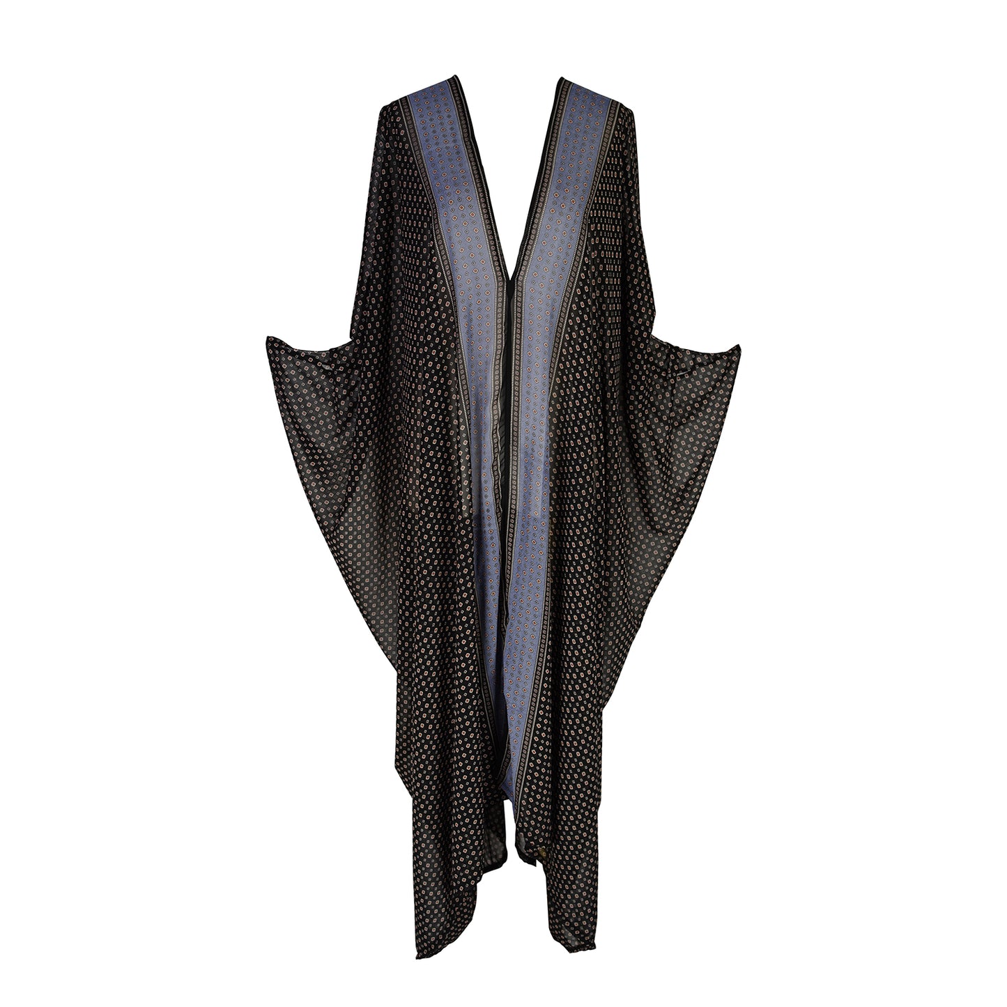 Model wears a navy v-neck caftan with teal, orange and taupe paisley border print up front seam.