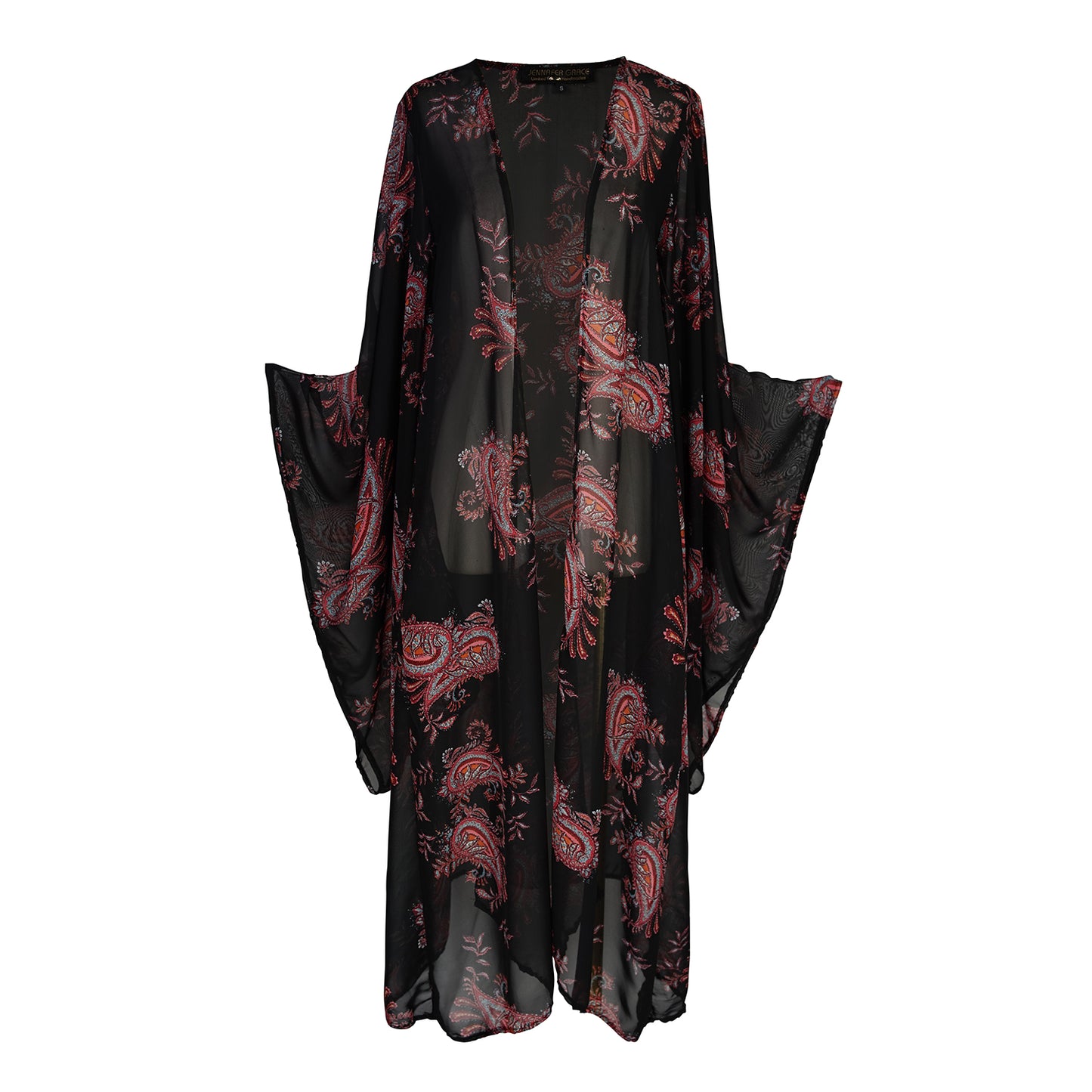 Introducing our Vera Paisley Kimono, with a black chiffon material is accented with a dark paisley pattern and pops of bordeaux, tan, and turquoise.