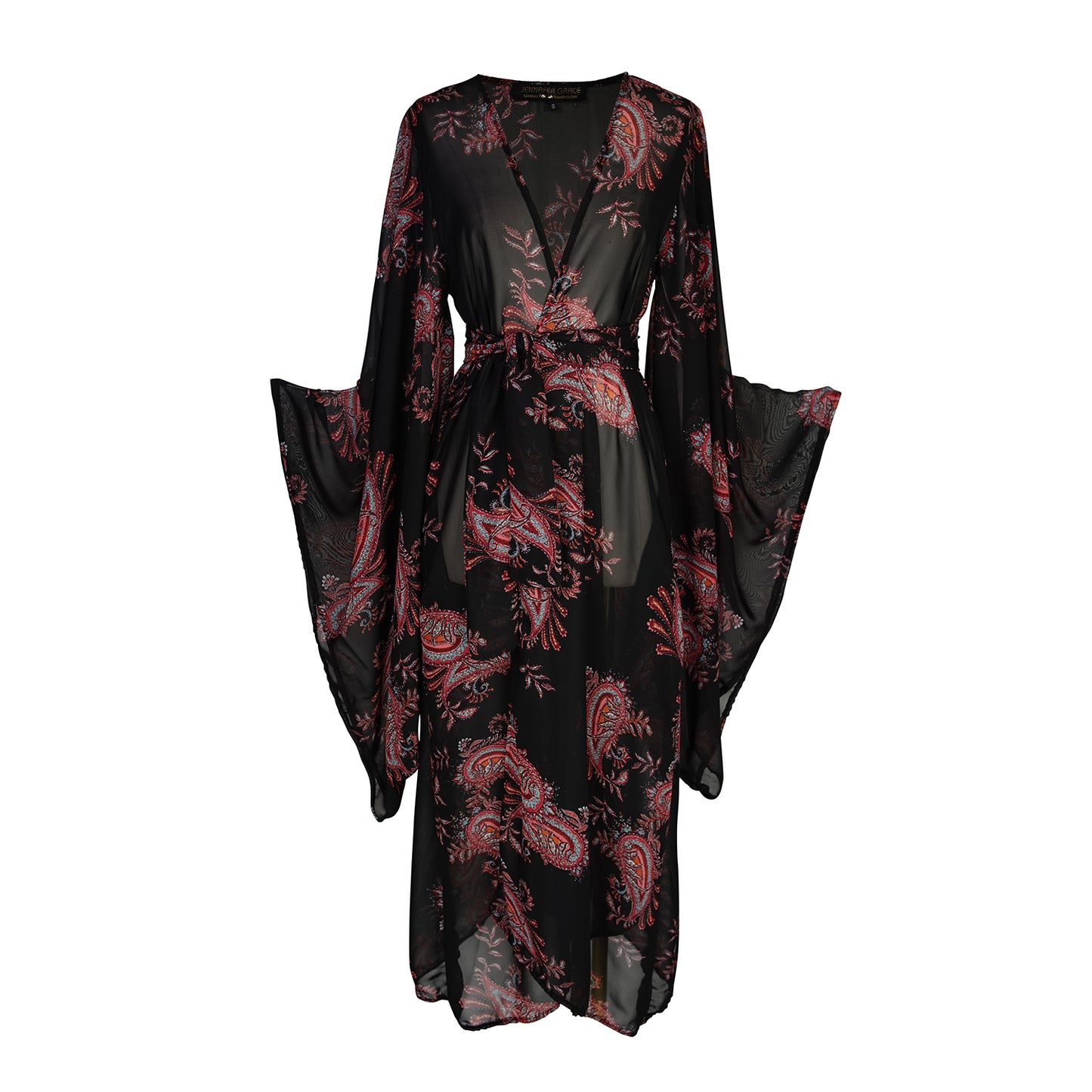 Introducing our Vera Paisley Kimono, with a black chiffon material is accented with a dark paisley pattern and pops of bordeaux, tan, and turquoise.