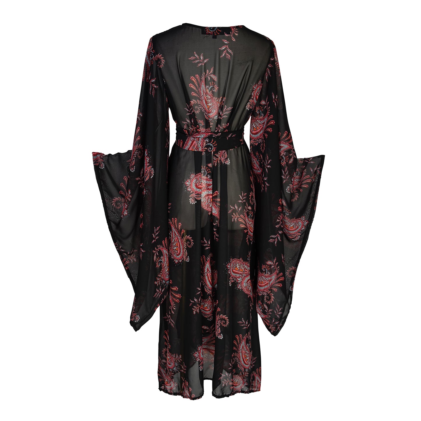 Introducing our Vera Paisley Kimono, with a black chiffon material is accented with a dark paisley pattern and pops of bordeaux, tan, and turquoise.