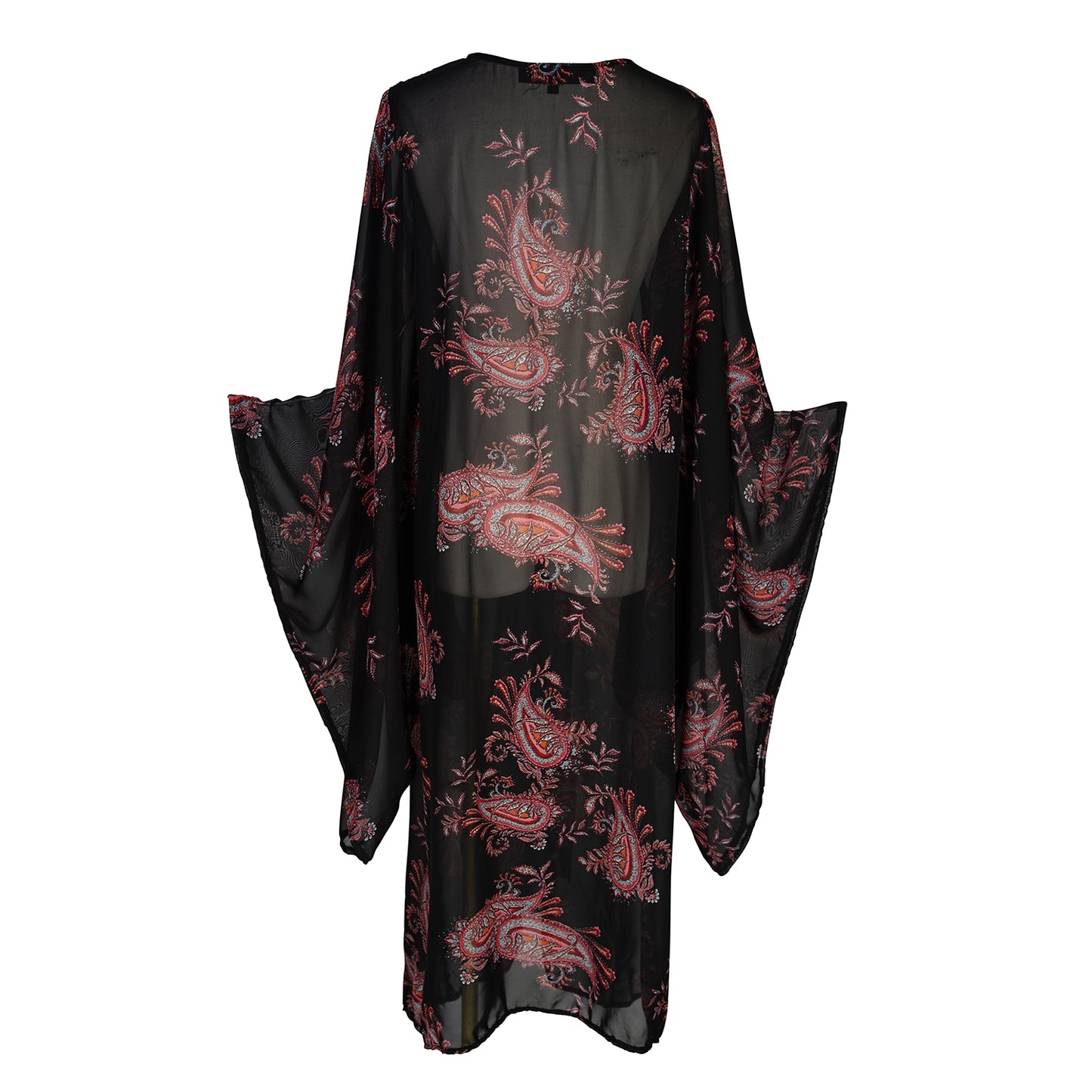 Introducing our Vera Paisley Kimono, with a black chiffon material is accented with a dark paisley pattern and pops of bordeaux, tan, and turquoise.