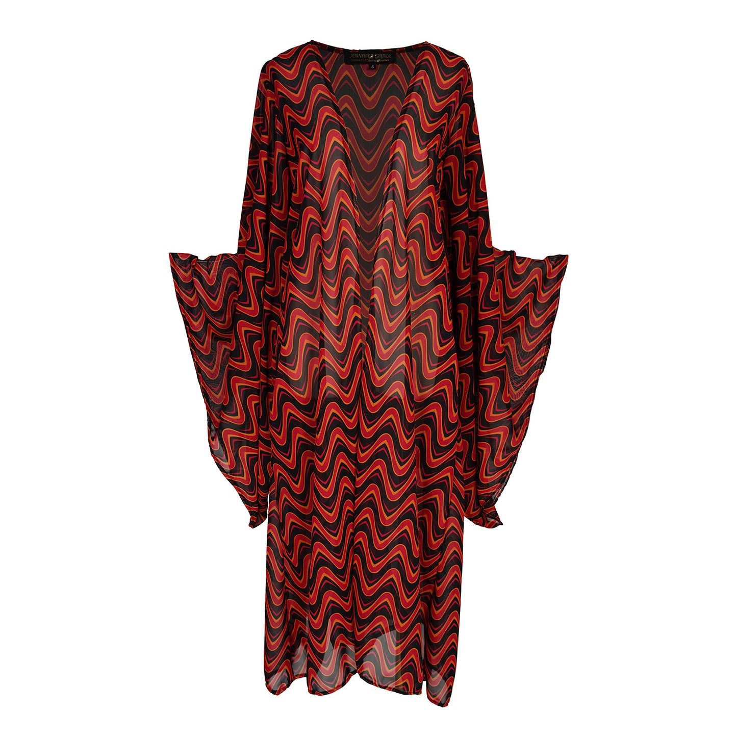 This Kimono features a futuristic spiral print in striking black and red, with a pop of orange for a modern and elegant touch.