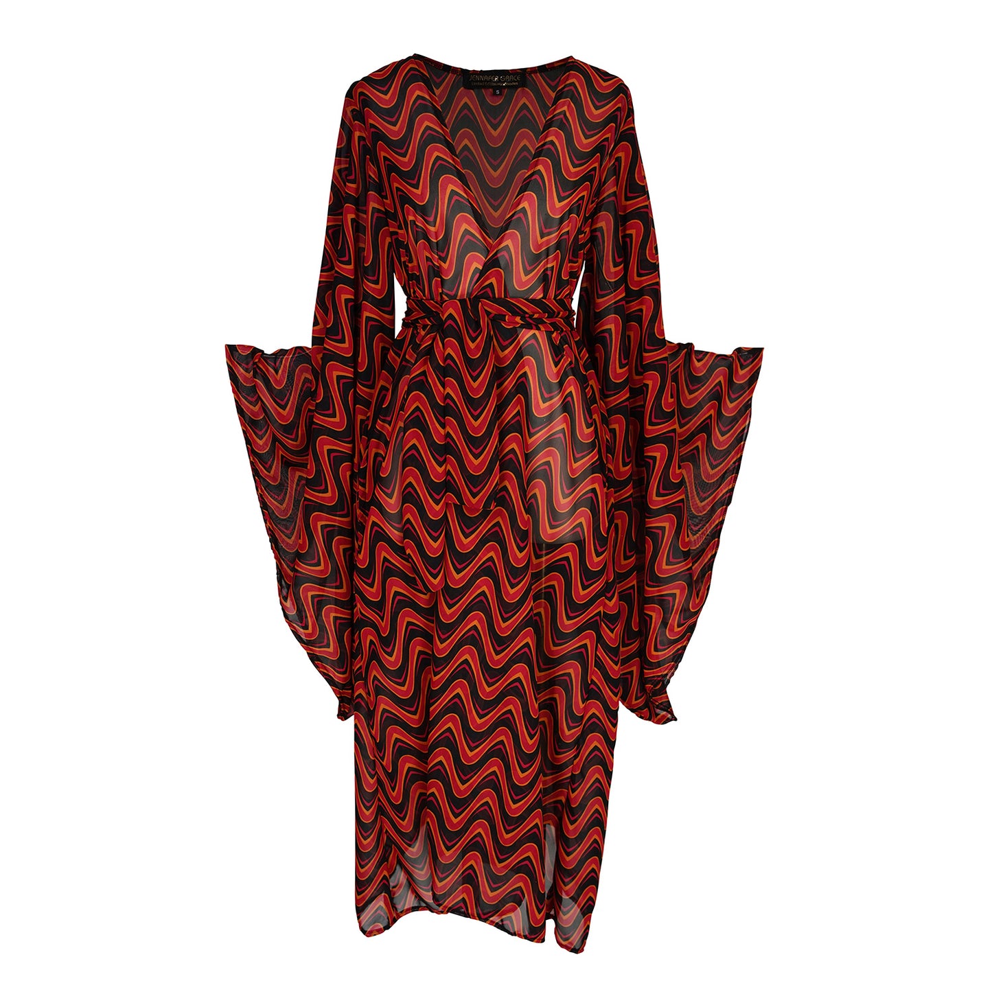 This Kimono features a futuristic spiral print in striking black and red, with a pop of orange for a modern and elegant touch.