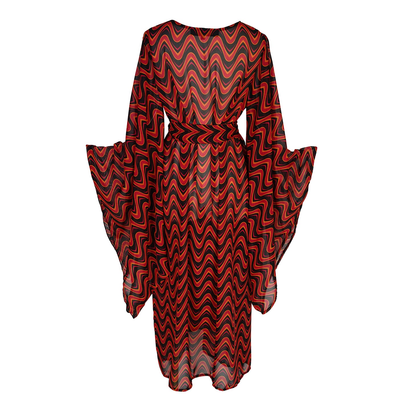 This Kimono features a futuristic spiral print in striking black and red, with a pop of orange for a modern and elegant touch.