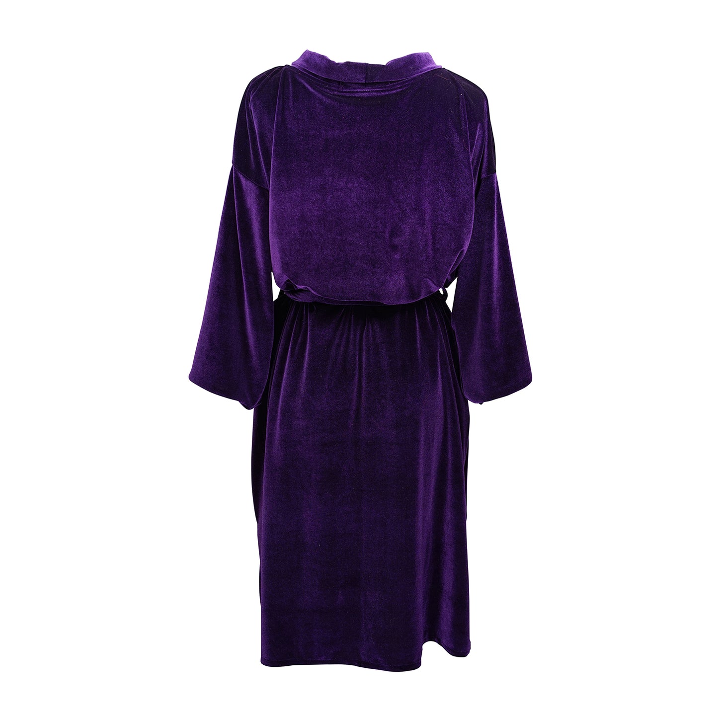 Reversible purple velvet knee length kimono with narrow sleeves, it has tie belt at the waist, the lining is pink and purple paisley printed chiffon, lining is shown at the turned up cuffs