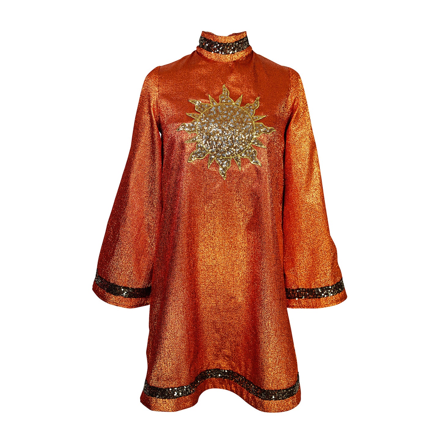 Crafted from a shimmering, fiery orange fabric embellished with an intricate sequin sun and matching sequin details at collar, cuffs, and hem, this is the bold and dreamy 60s revival romance dress every wardrobe craves