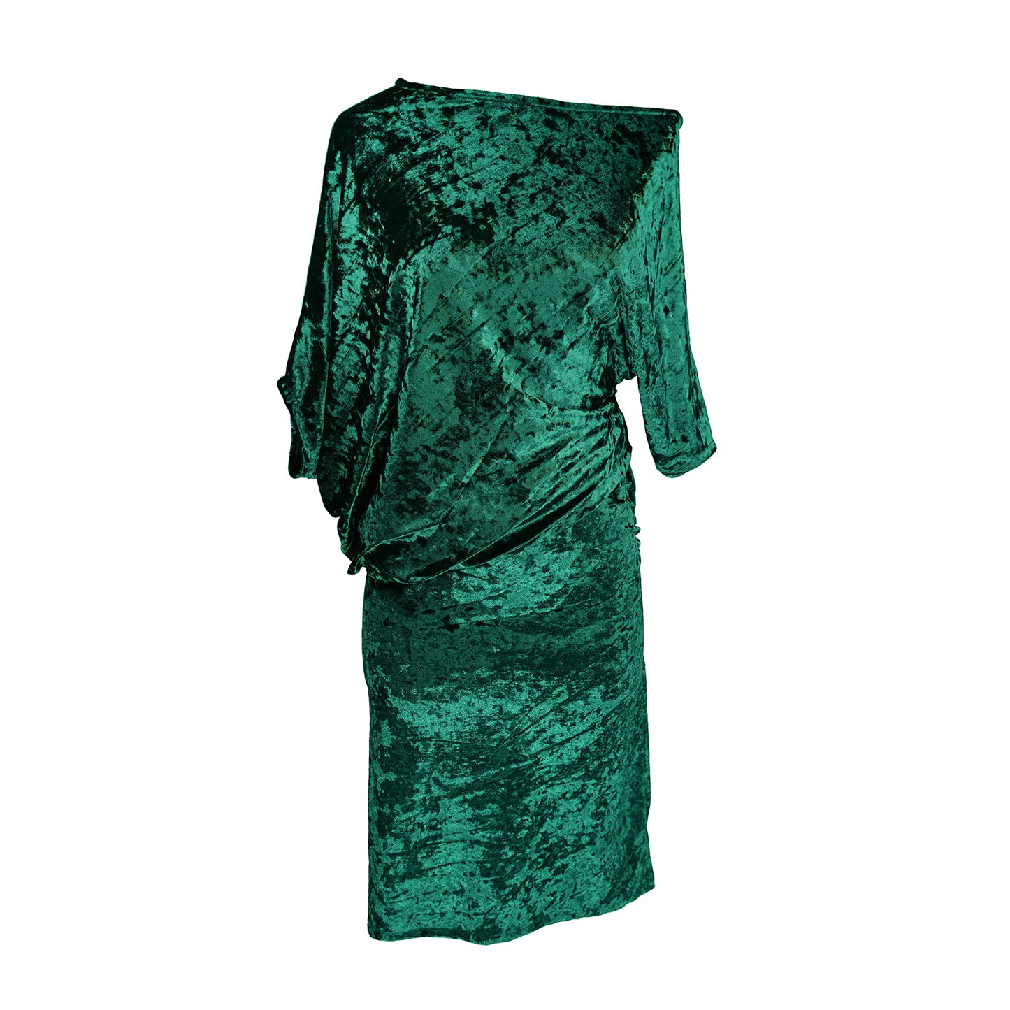 An angle dress made from stretchy emerald green crushed velvet, featuring a fitted pencil skirt and light ruching at the hip. The angled sleeves can be arranged for a peek of shoulder and bra strap.