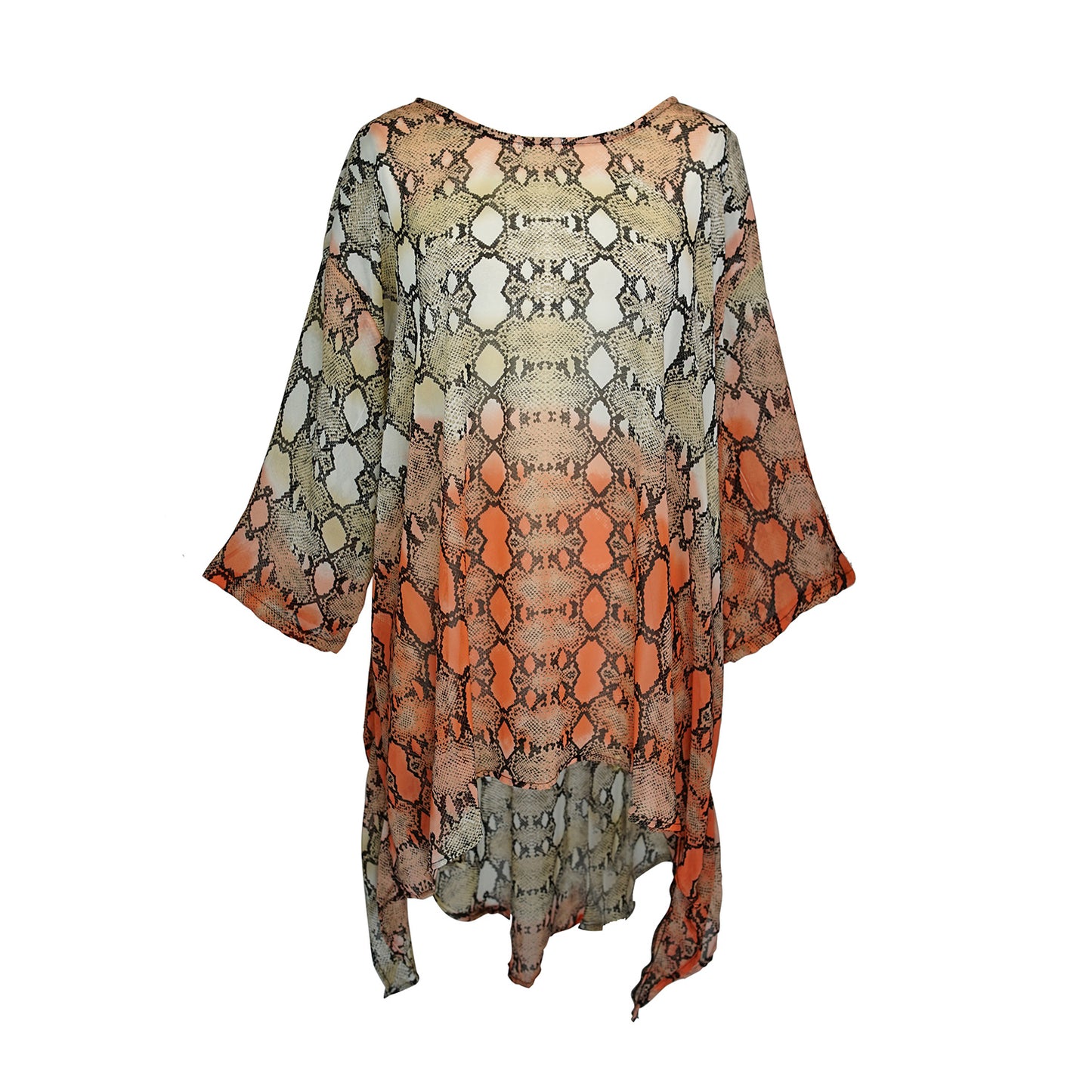 This orange and turquoise snakeskin print top features a wide boat neckline, gracefully exposing the collarbone, while batwing sleeves extend from the shoulders, flowing freely like a soft cascade of fabric. The waist-length hem adds a touch of structure, making it versatile for styling.