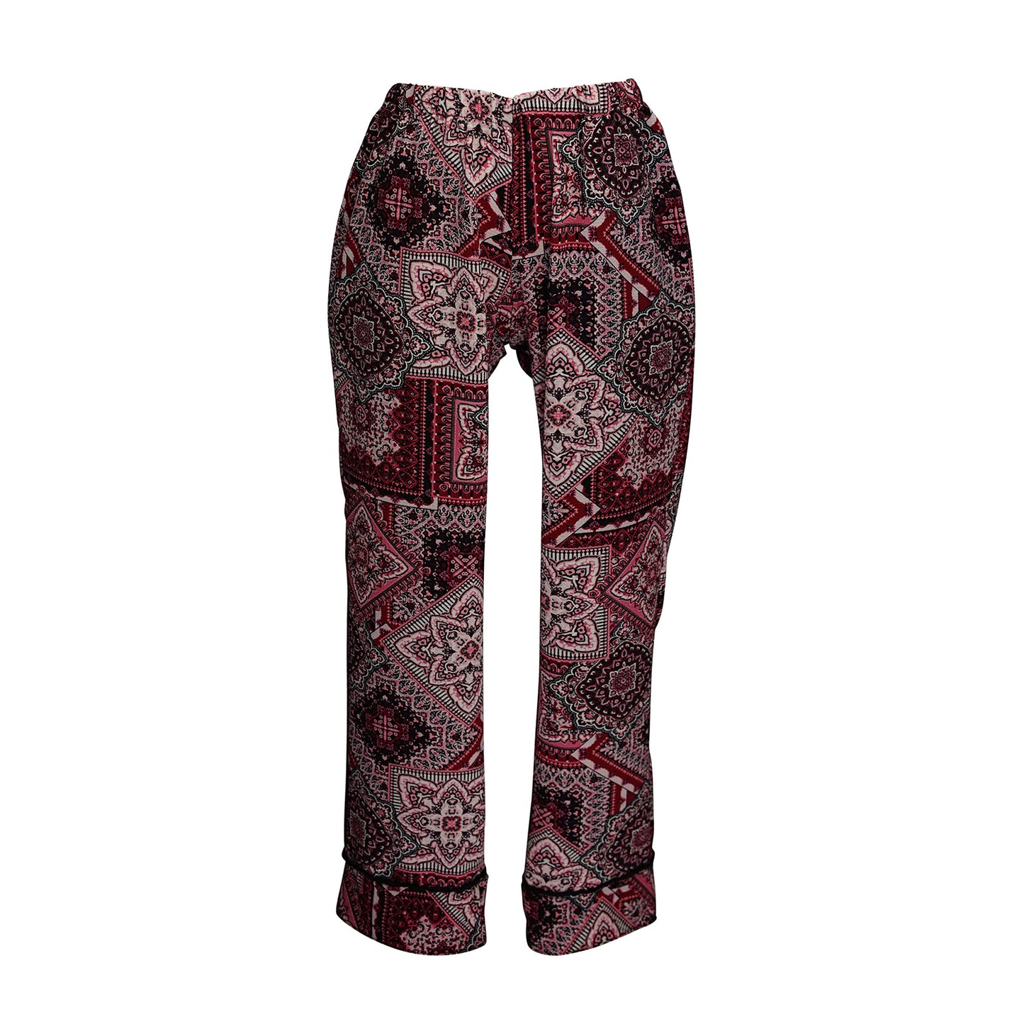 These classic mosaic print paglamas are handmade with a bubble crepe georgette and matching onyx piping. The short wrap-style kimono (with pockets!) and side seam buttonholes make the perfect wrap top. The tapered pant features pockets, and a crisp business press.