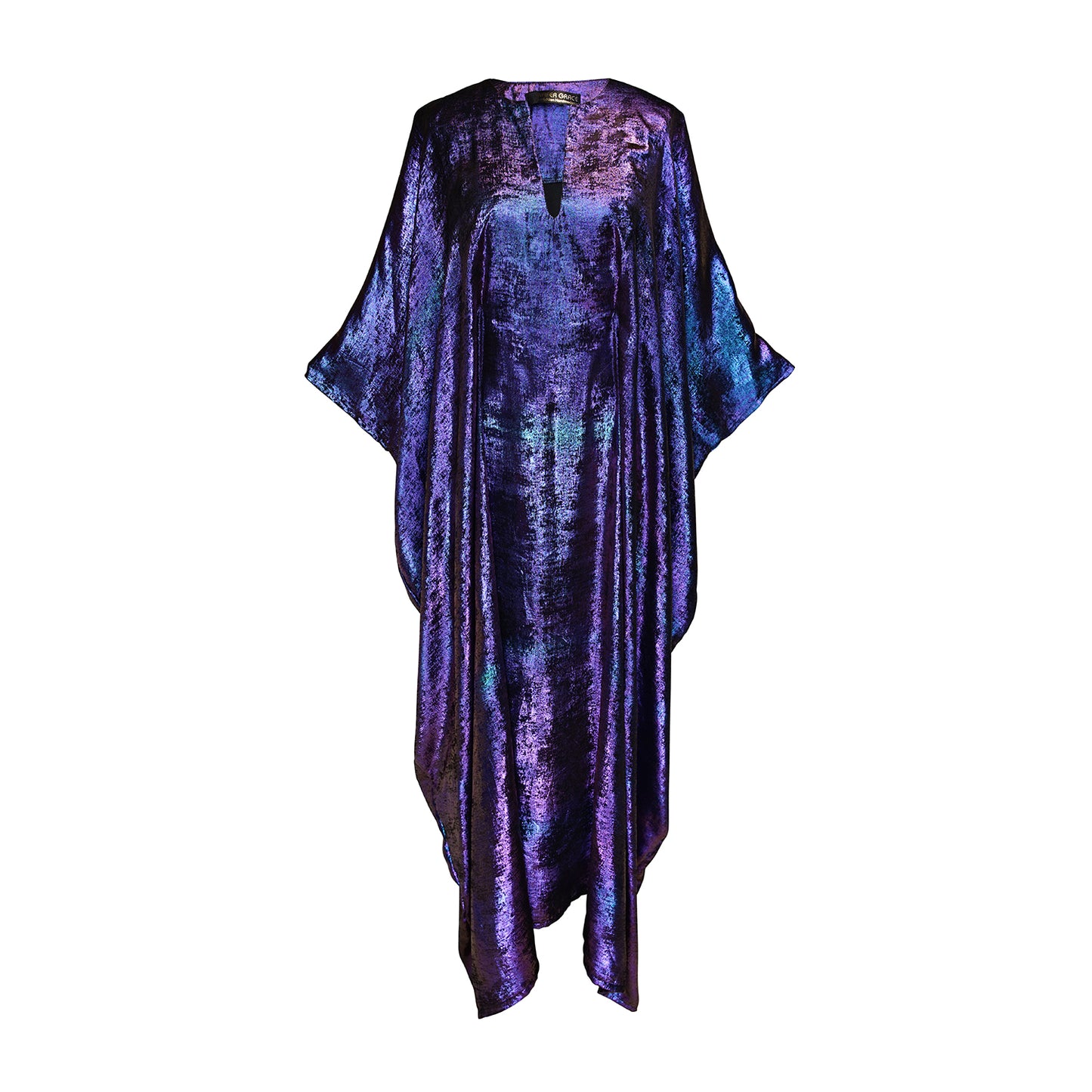 A shimmering Micro Velvet in rich amethyst tones. This new shape includes an attached waist tie to add new ways of wearing our classic caftan shape.