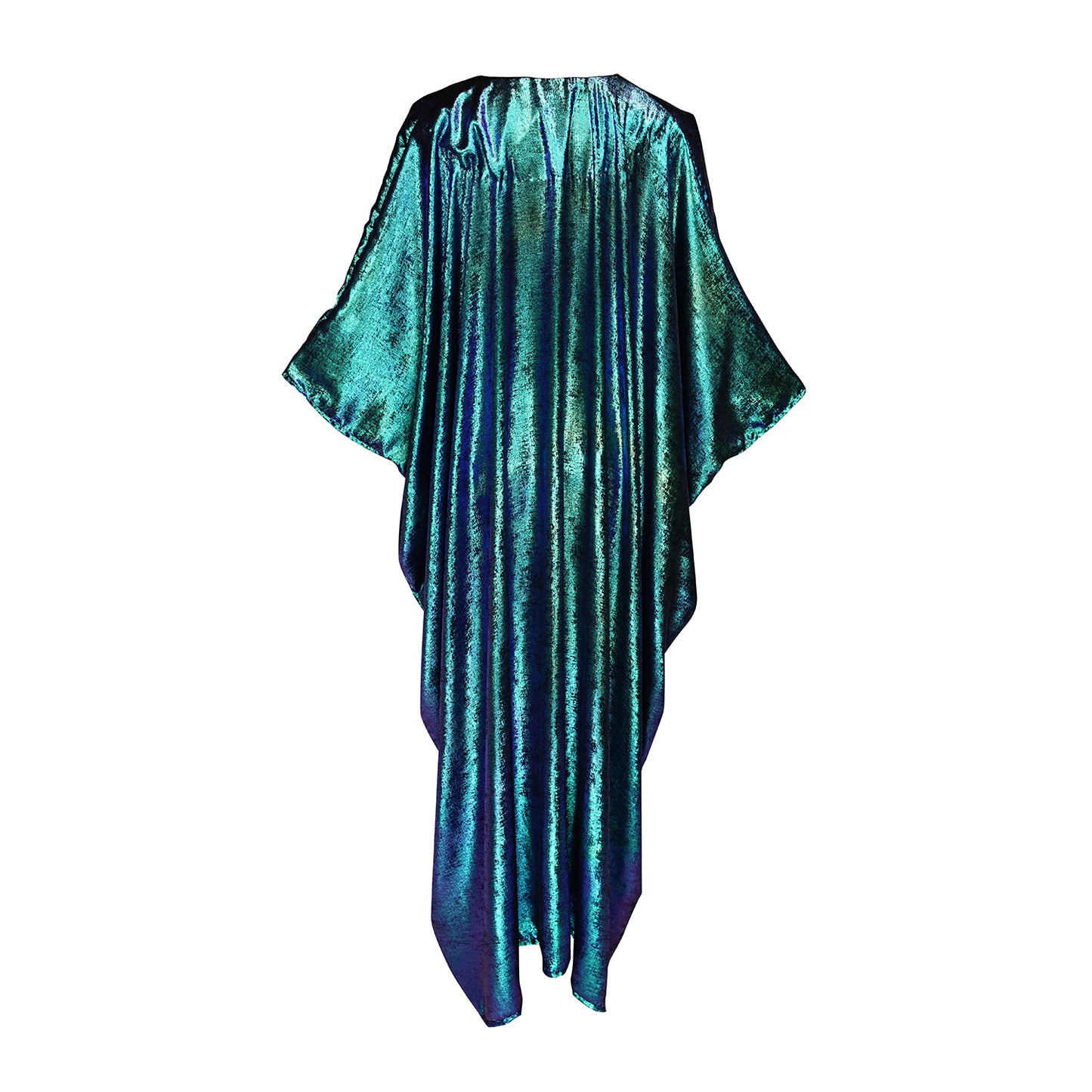 A shimmering Micro Velvet in rich sapphire tones. This new shape includes an attached waist tie to add new ways of wearing our classic caftan shape.