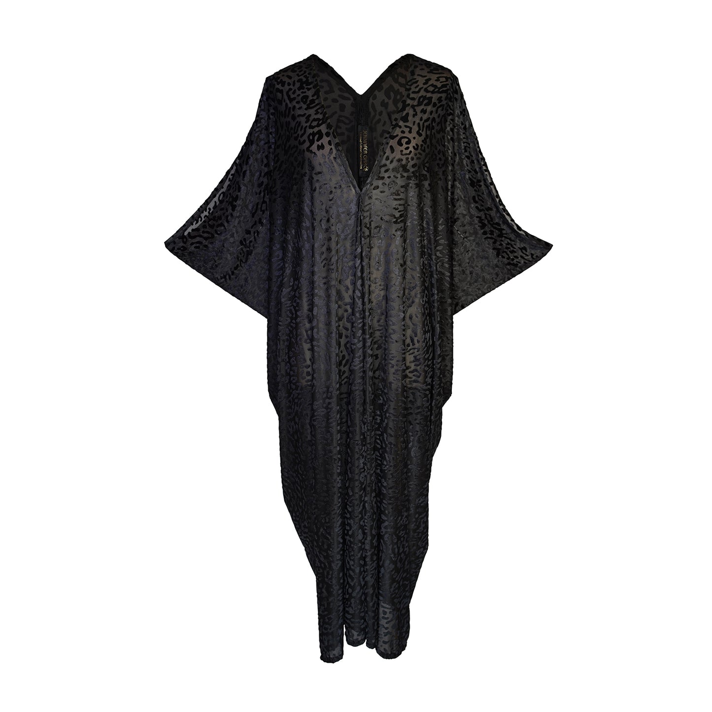 This caftan is made from a black rayon burn out velvet fabric and features leopard print pattern, deep v neckline, batwing sleeves, and ankle length hem.