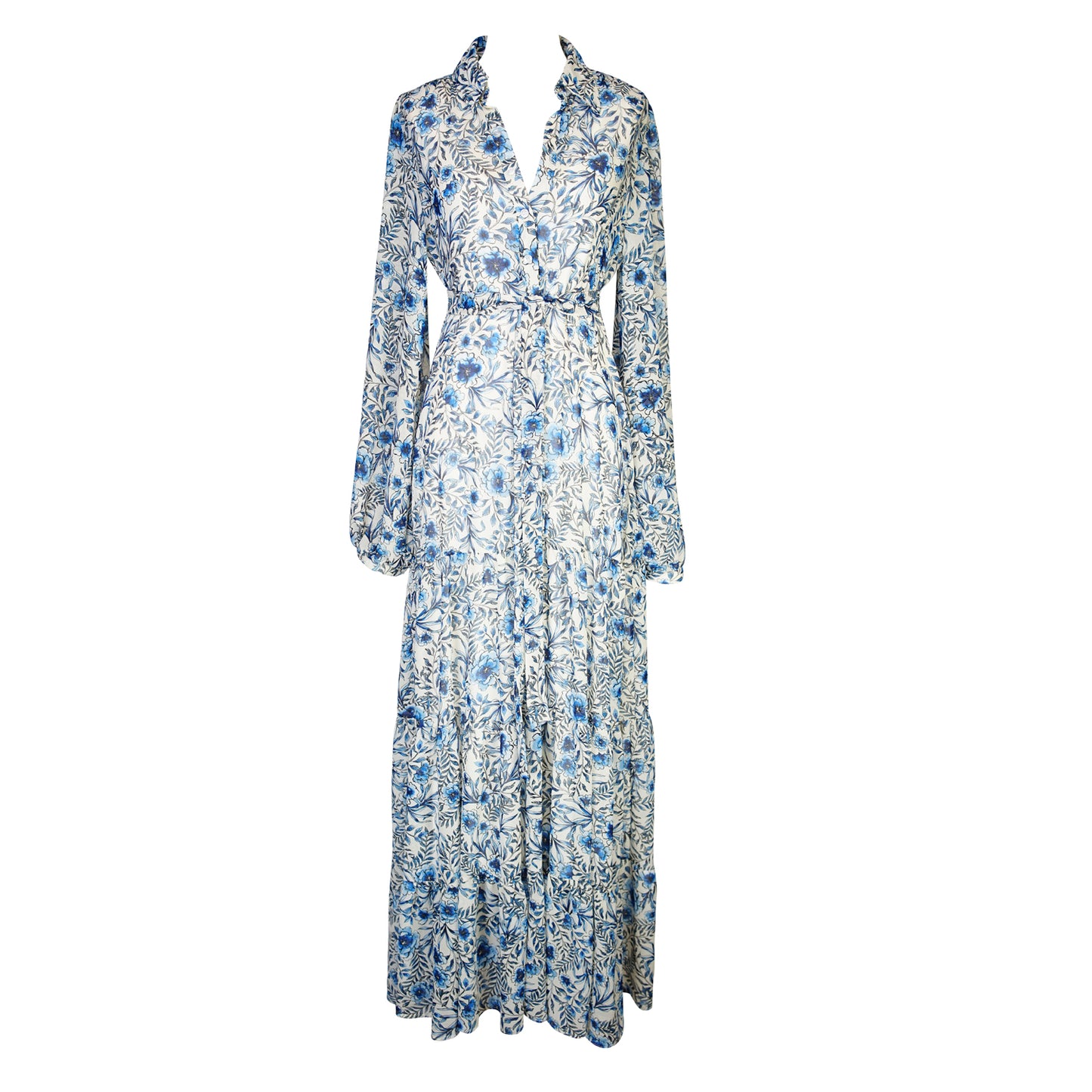 jennafer grace Bluebelle Bookie Maxi Dress white with modern cobalt blue watercolor floral print collared button up maxi dress cinched waist belt bishop sleeves boho bohemian hippie romantic whimsical summer holiday dress handmade in California USA