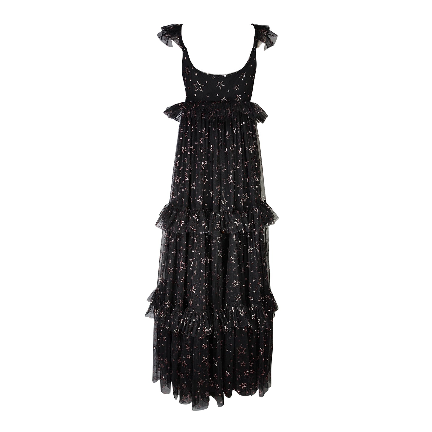 jennafer grace Midnight Sky Tulle Maxi Dress black semi-sheer lined layered tulle maxi dress with metallic gold foil star print ruffle straps starry gothic boho bohemian hippie dark romantic whimsical evening gown cocktail party statement piece handmade in California USA
