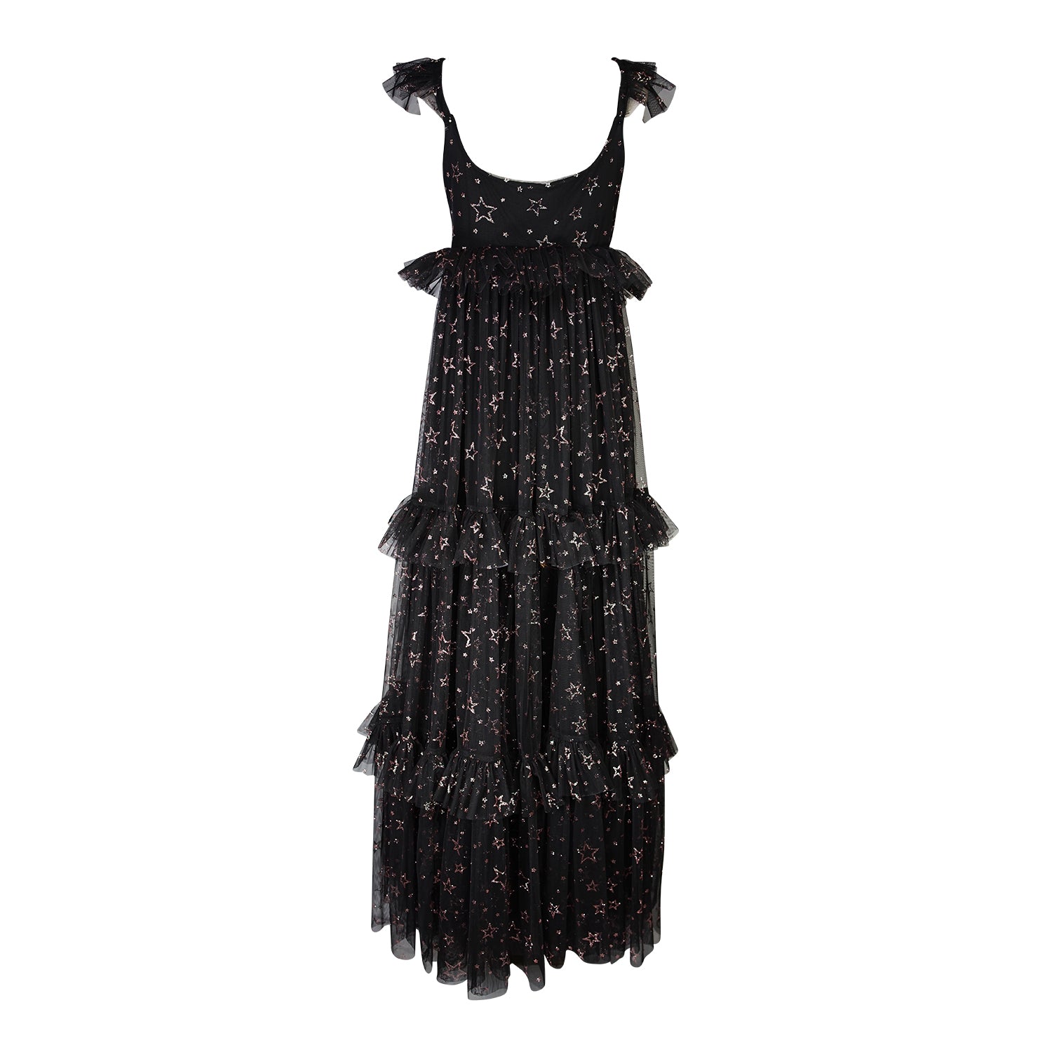 jennafer grace Midnight Sky Tulle Maxi Dress black semi-sheer lined layered tulle maxi dress with metallic gold foil star print ruffle straps starry gothic boho bohemian hippie dark romantic whimsical evening gown cocktail party statement piece handmade in California USA