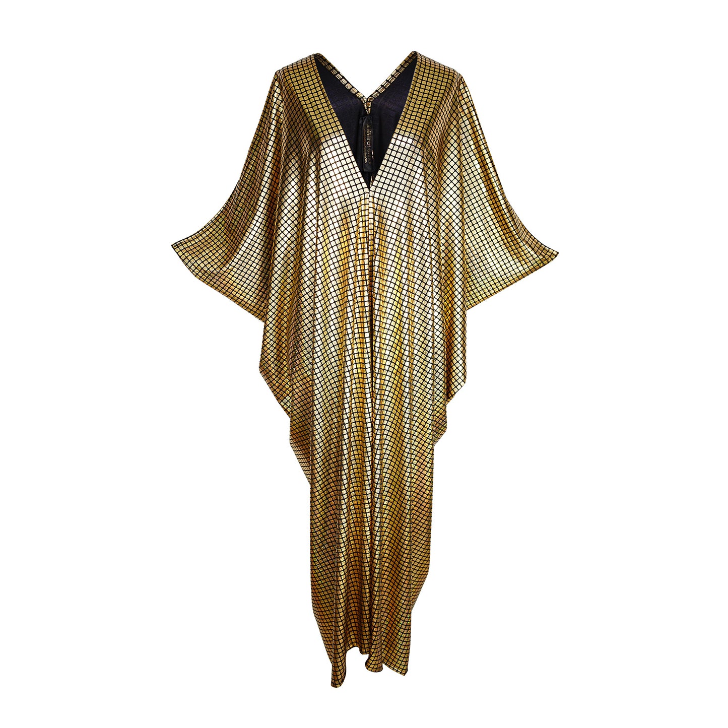jennafer grace Gold Bar Holographic Caftan black with gleaming metallic gold geometric bar print kaftan festive disco studio 54 mumu shift dress coverup casual boho bohemian hippie beach resort spa lounge loungewear layering unisex handmade in California USA