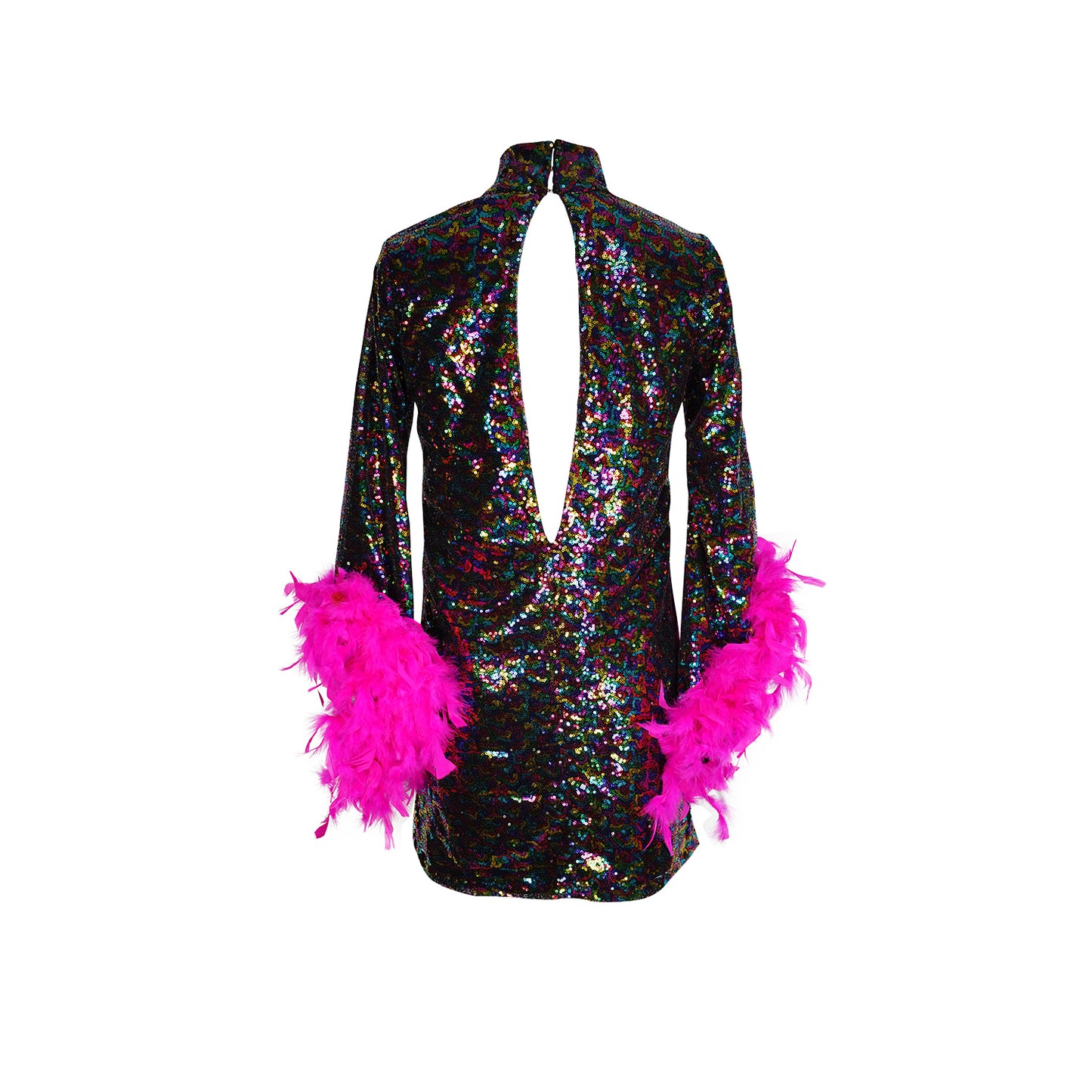 jennafer grace Time Warp Sequin Mini with Pink Feather Cuffs retro 1960s 60s revival mod mini dress with rainbow sequins bell sleeves feathered cuffs boho bohemian hippie romantic whimsical handmade in California USA