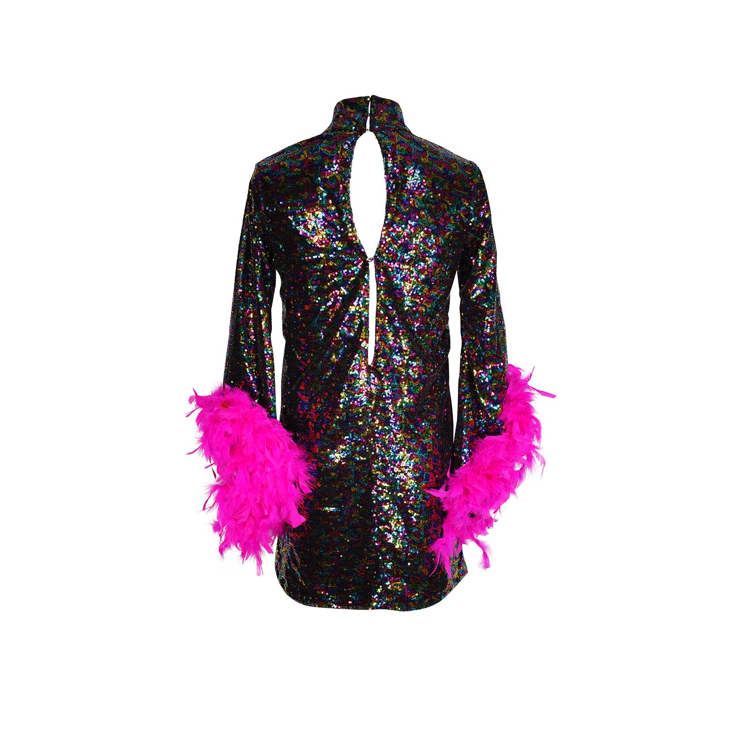 jennafer grace Time Warp Sequin Mini with Pink Feather Cuffs retro 1960s 60s revival mod mini dress with rainbow sequins bell sleeves feathered cuffs boho bohemian hippie romantic whimsical handmade in California USA