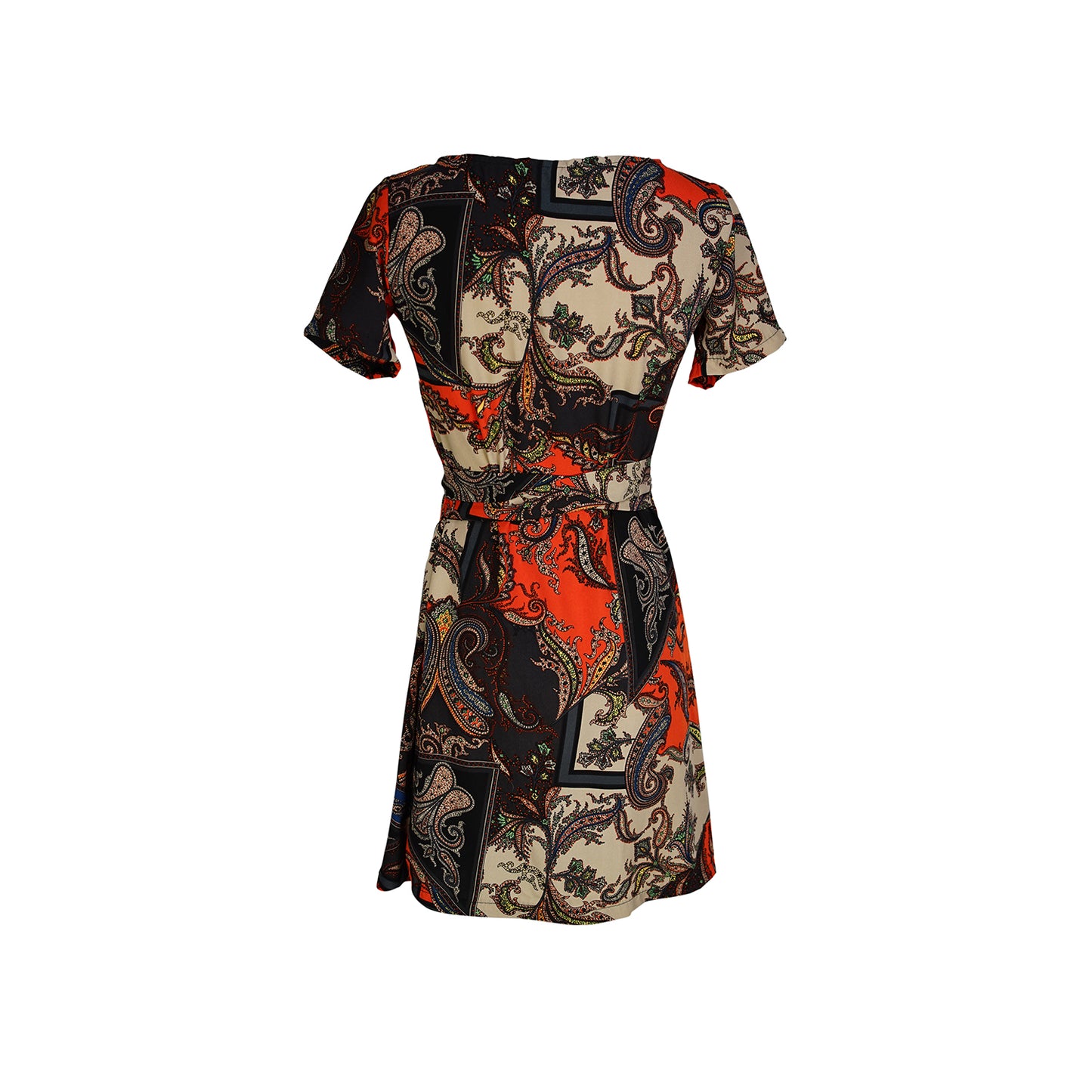 jennafer grace Paisley Mosaic Mini Wrap Dress orange navy blue beige paisley print short sleeve mini wrap dress summer dress boho bohemian hippie romantic whimsical handmade in California USA