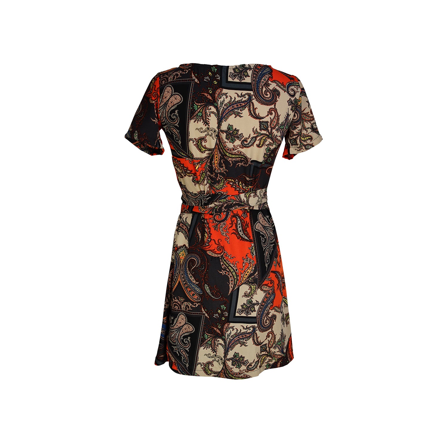 jennafer grace Paisley Mosaic Mini Wrap Dress orange navy blue beige paisley print short sleeve mini wrap dress summer dress boho bohemian hippie romantic whimsical handmade in California USA