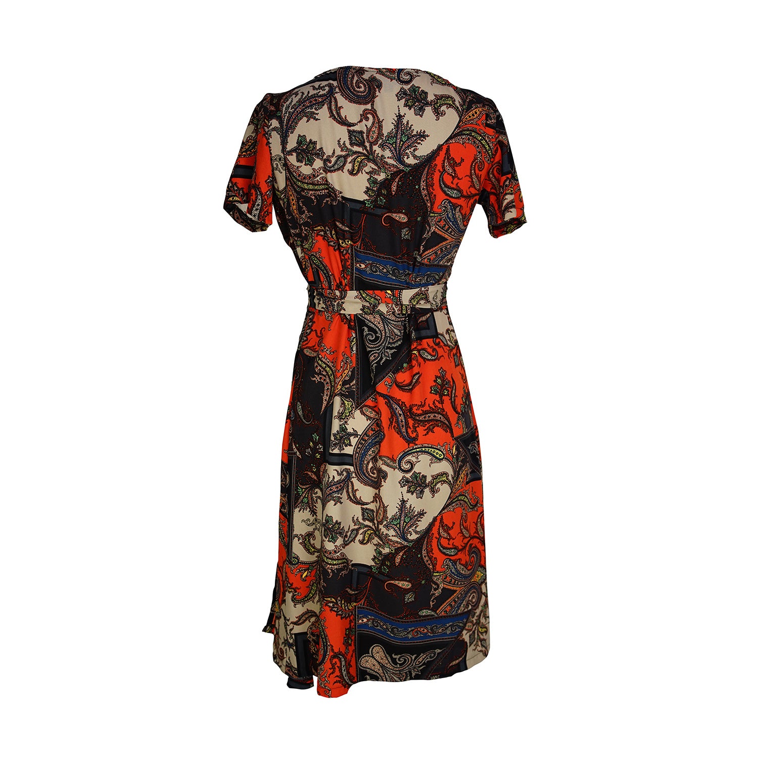 jennafer grace Paisley Mosaic Midi Wrap Dress orange navy blue beige paisley print short sleeve midi wrap dress summer dress boho bohemian hippie romantic whimsical handmade in California USA