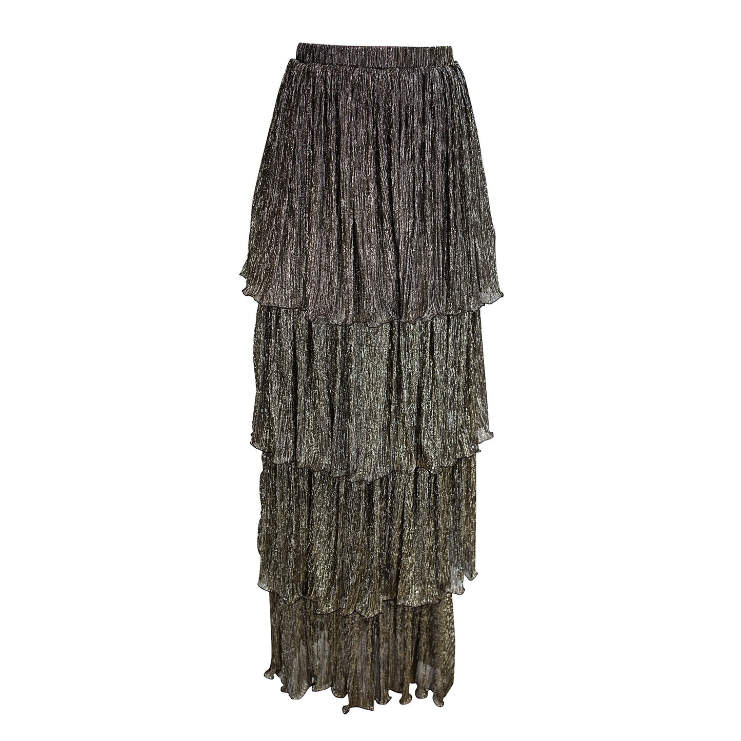 jennafer grace Pewter Tiered Maxi Skirt glittering metallic silver gray long ruffled skirt with elastic waistband punk rock rocker chic boho bohemian hippie romantic whimsical unisex handmade in California USA