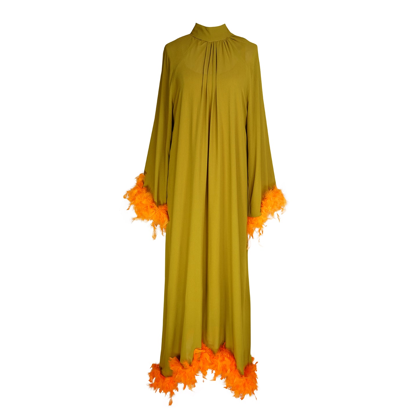 jennafer grace Darlene Roper Maxi Dress chartreuse yellow green mod dress with orange feathers at cuffs and hem high neck cinched waist tie retro 1960s 60s revival midcentury evening dress boho bohemian hippie romantic whimsical handmade in California USA