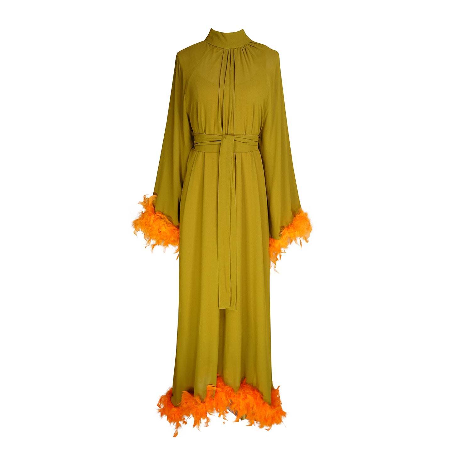 jennafer grace Darlene Roper Maxi Dress chartreuse yellow green mod dress with orange feathers at cuffs and hem high neck cinched waist tie retro 1960s 60s revival midcentury evening dress boho bohemian hippie romantic whimsical handmade in California USA