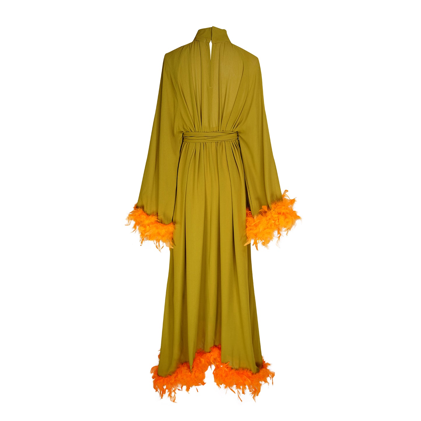 jennafer grace Darlene Roper Maxi Dress chartreuse yellow green mod dress with orange feathers at cuffs and hem high neck cinched waist tie retro 1960s 60s revival midcentury evening dress boho bohemian hippie romantic whimsical handmade in California USA