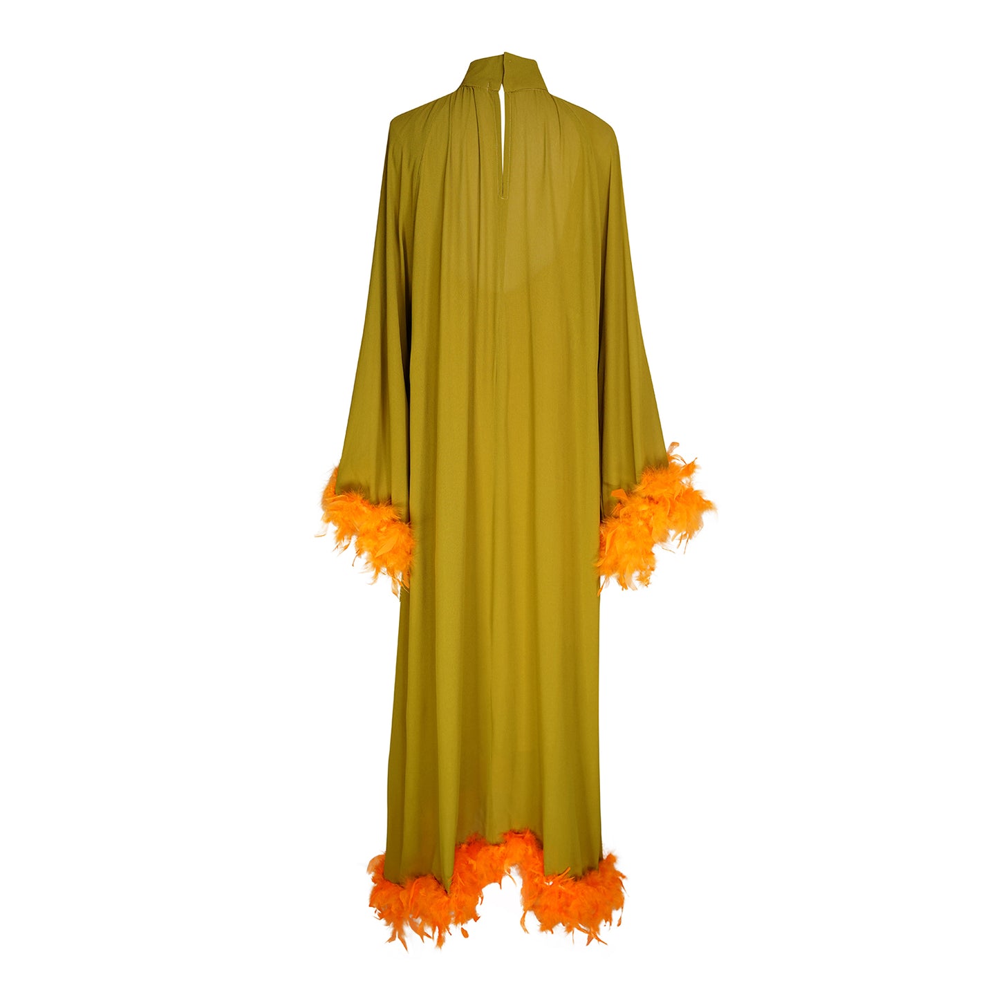 jennafer grace Darlene Roper Maxi Dress chartreuse yellow green mod dress with orange feathers at cuffs and hem high neck cinched waist tie retro 1960s 60s revival midcentury evening dress boho bohemian hippie romantic whimsical handmade in California USA