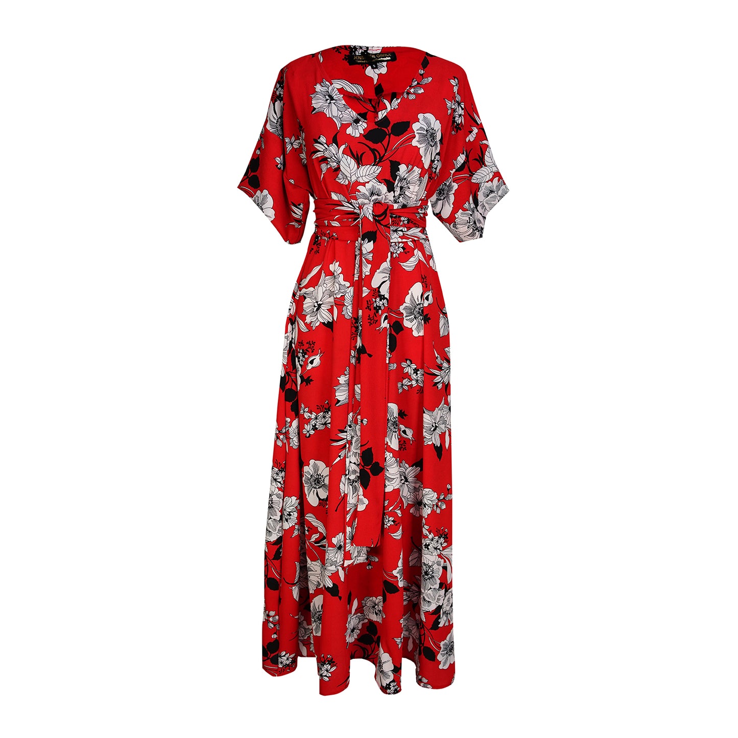 jennafer grace Flora Roja Wrap Maxi Dress bold true red with white black floral flower print opaque short sleeve maxi wrap dress boho bohemian hippie romantic whimsical summer spring wedding guest handmade in California USA