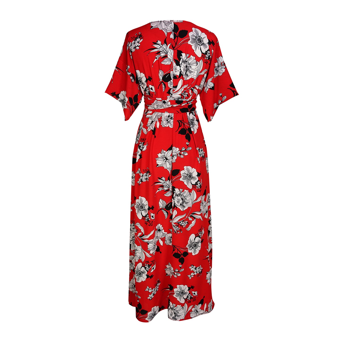 jennafer grace Flora Roja Wrap Maxi Dress bold true red with white black floral flower print opaque short sleeve maxi wrap dress boho bohemian hippie romantic whimsical summer spring wedding guest handmade in California USA
