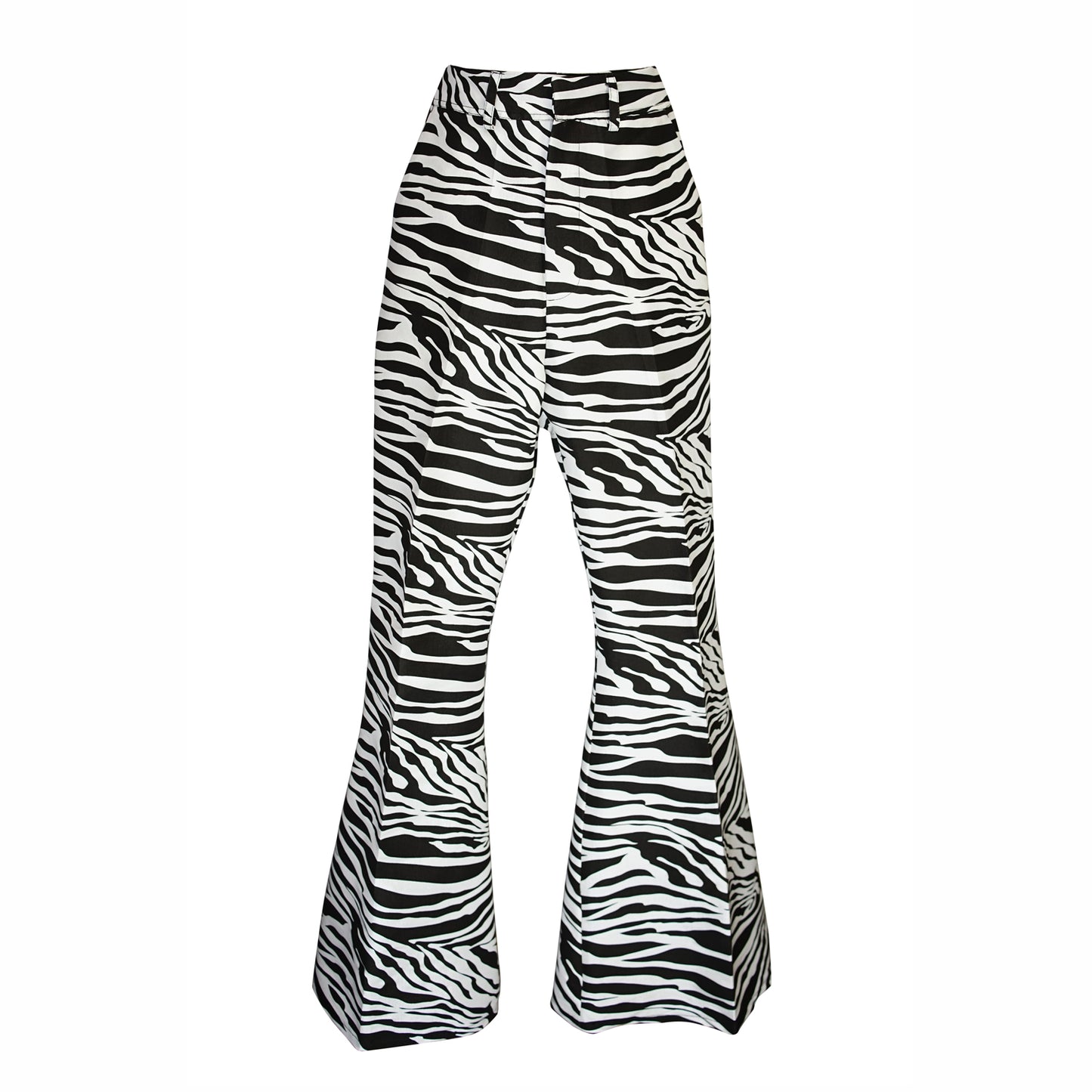Bring out your wild side with these daring bellbottoms. Featuring a classic black and white zebra print and high waist fit, these 70s-inspired bottoms will guarantee you stand out from the crowd.