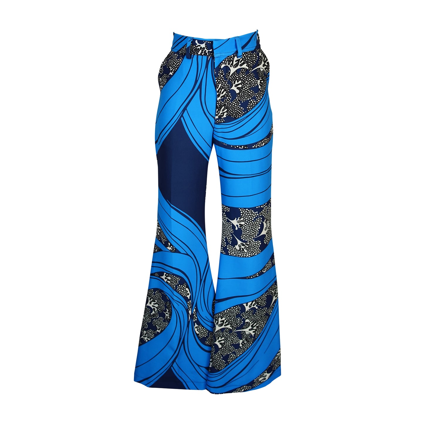 jennafer grace Kelpie Bellbottoms cerulean blue flared palazzo bellbottom with abstract dark blue white underwater reef print nautical marine beach boho bohemian hippie romantic whimsical unisex handmade in California USA
