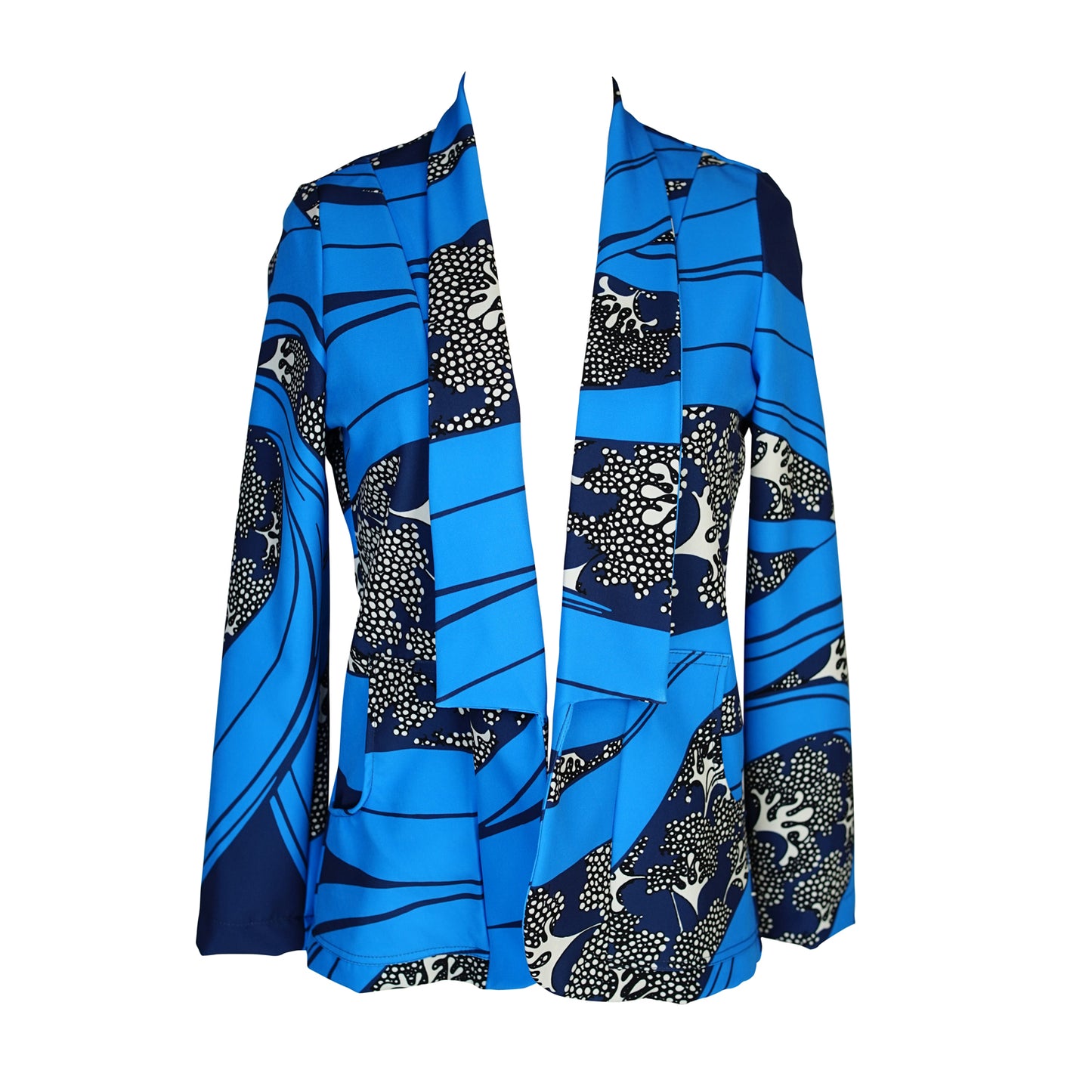 jennafer grace Kelpie Blazer long-sleeve cerulean blue blazer with abstract dark blue and white underwater reef print light jacket nautical marine boho bohemian hippie romantic whimsical unisex handmade in California USA