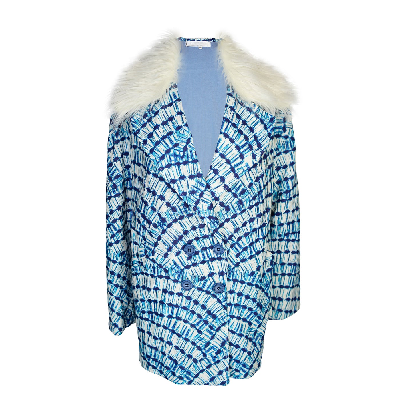 Boasting a striking aquarian color scheme on hand printed african fabric, this stylish piece is lined with a lush blue jersey and features a removable faux fur collar.