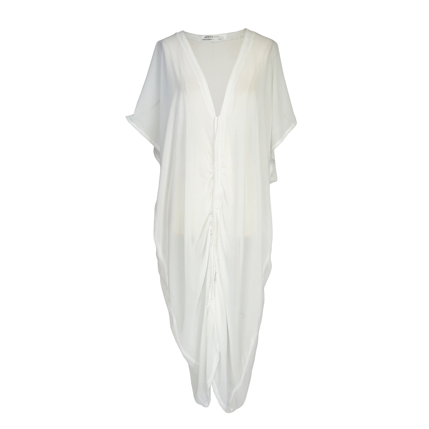White semi sheer chiffon caftan. This solid color piece features a deep v-neck, batwing sleeve, a center drawstring for ruche styling, and ankle length hem.