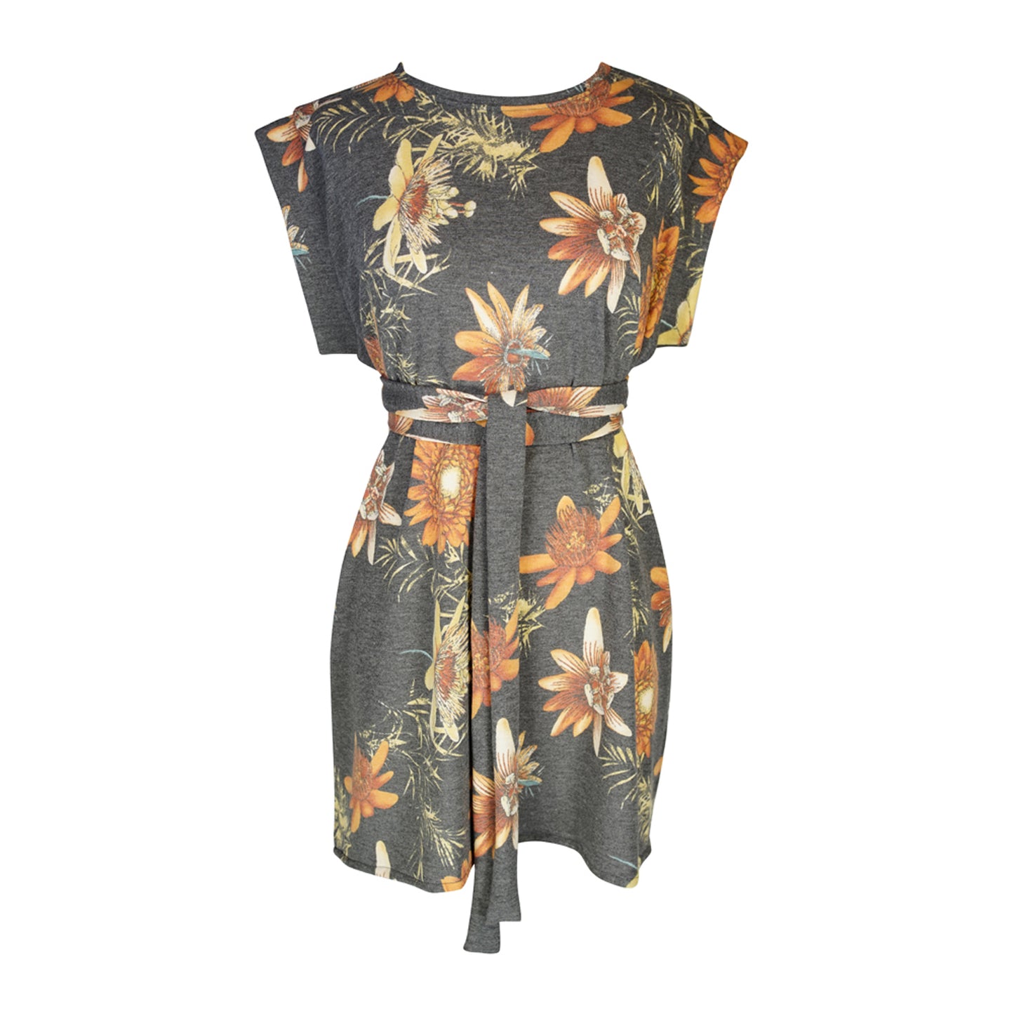 Tunic top and palazzo pant set made from a luxe jersey. Charcoal gray base with orange floral print. Featuring tab sleeves, side slits and an extended obi-style belt on the top, and pockets, elastic waist and a soft hidden drawstring on the bottoms.