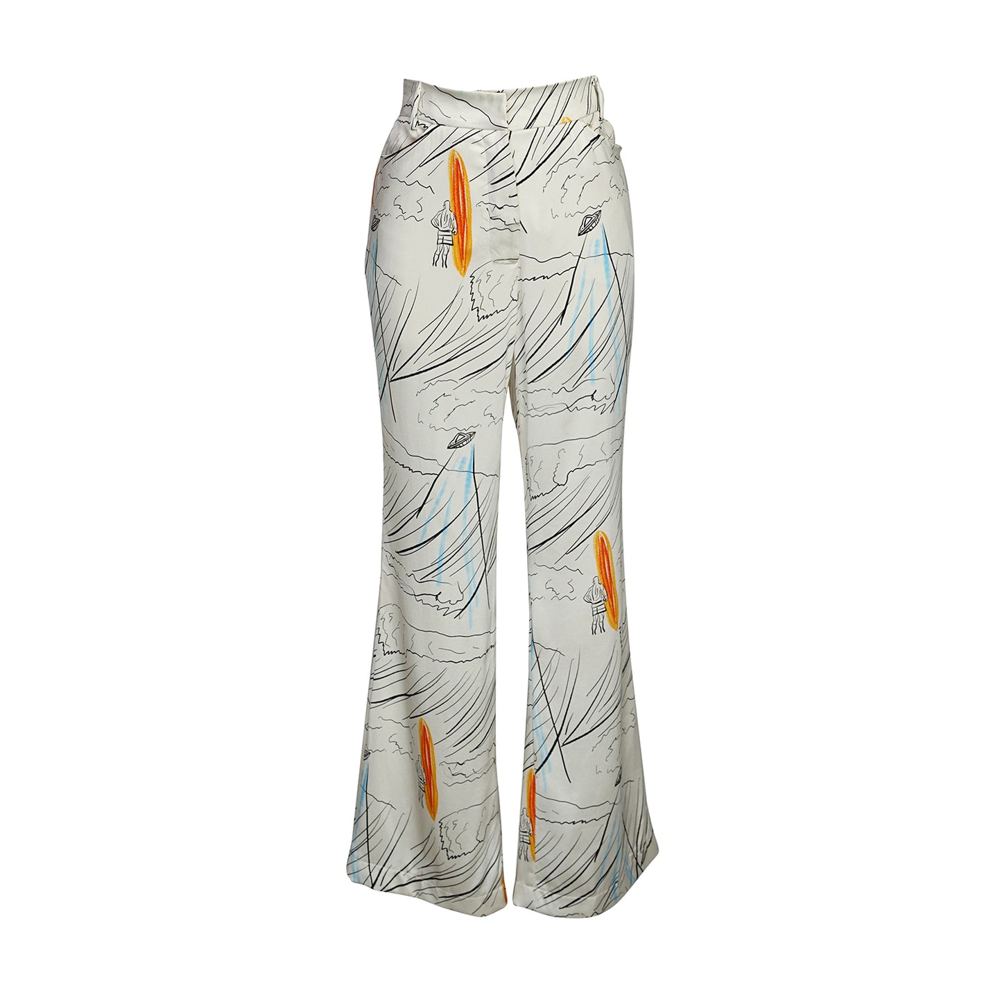 Channel your inner risk-taker in our Venusian Silk Trousers. Made of luxurious silk satin, these cream-colored trousers feature a bold out of this world Surfer/UFO print that will make you stand out