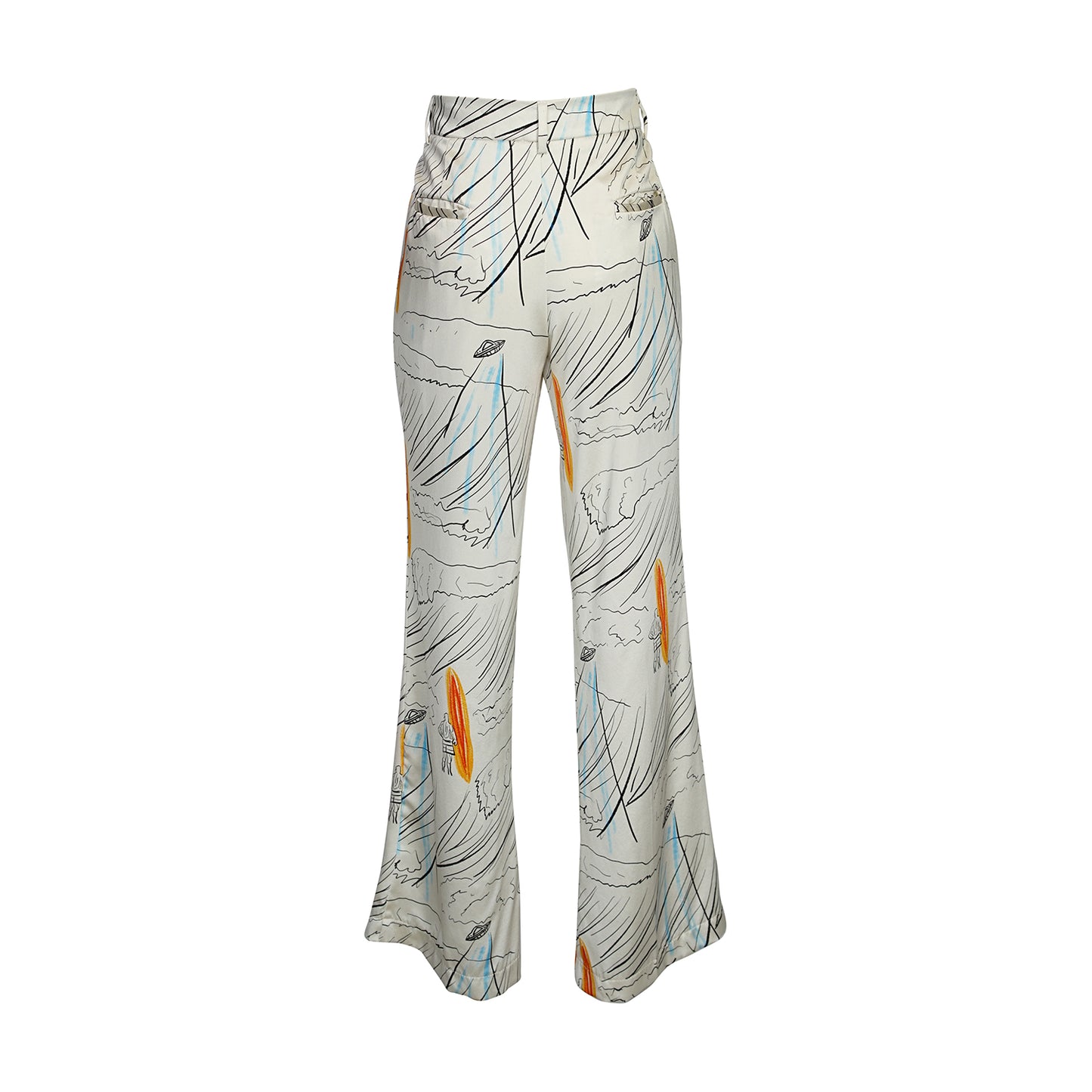 Channel your inner risk-taker in our Venusian Silk Trousers. Made of luxurious silk satin, these cream-colored trousers feature a bold out of this world Surfer/UFO print that will make you stand out