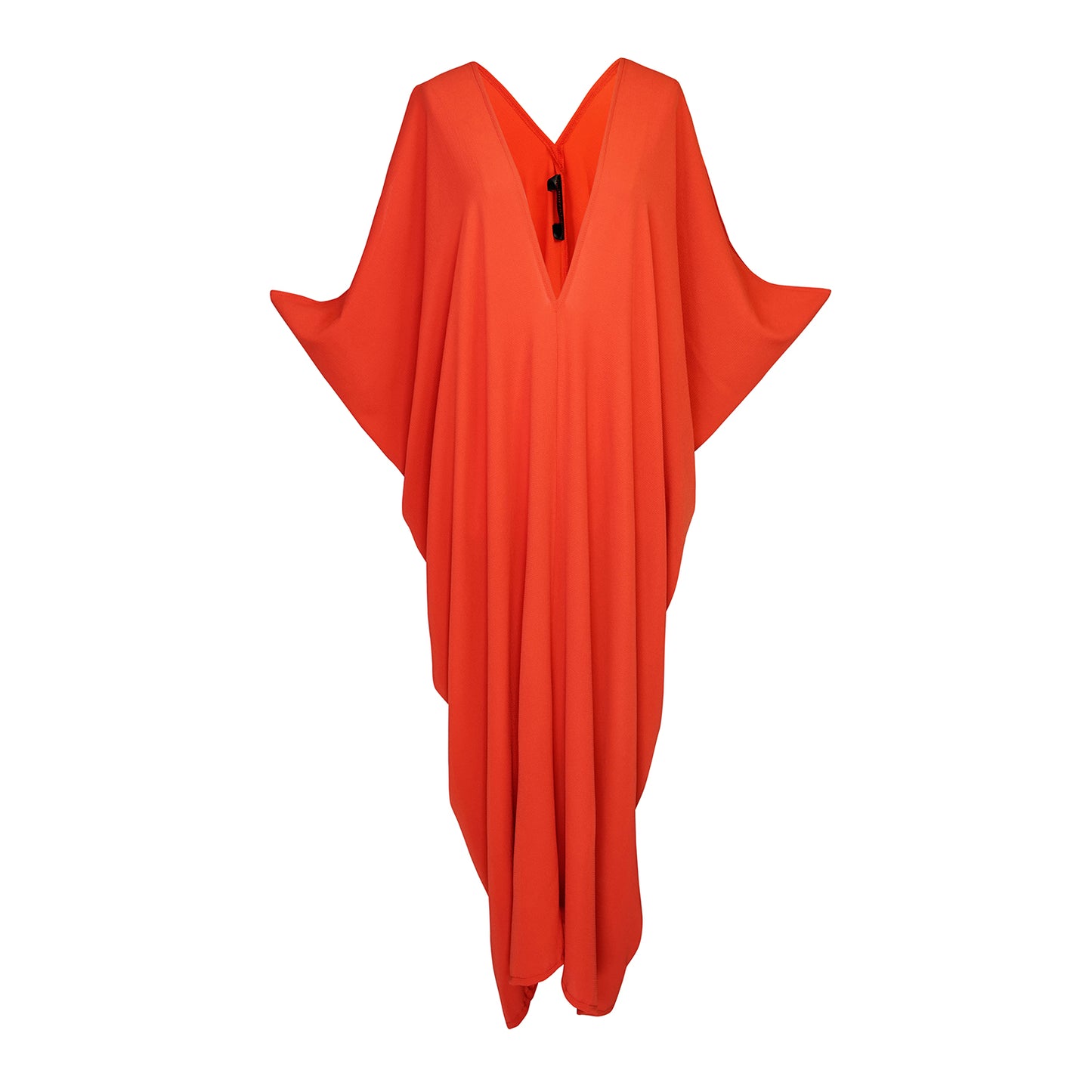 This caftan is made with a generous amount of a super luxe and ultra light rust orange bubble crepe georgette